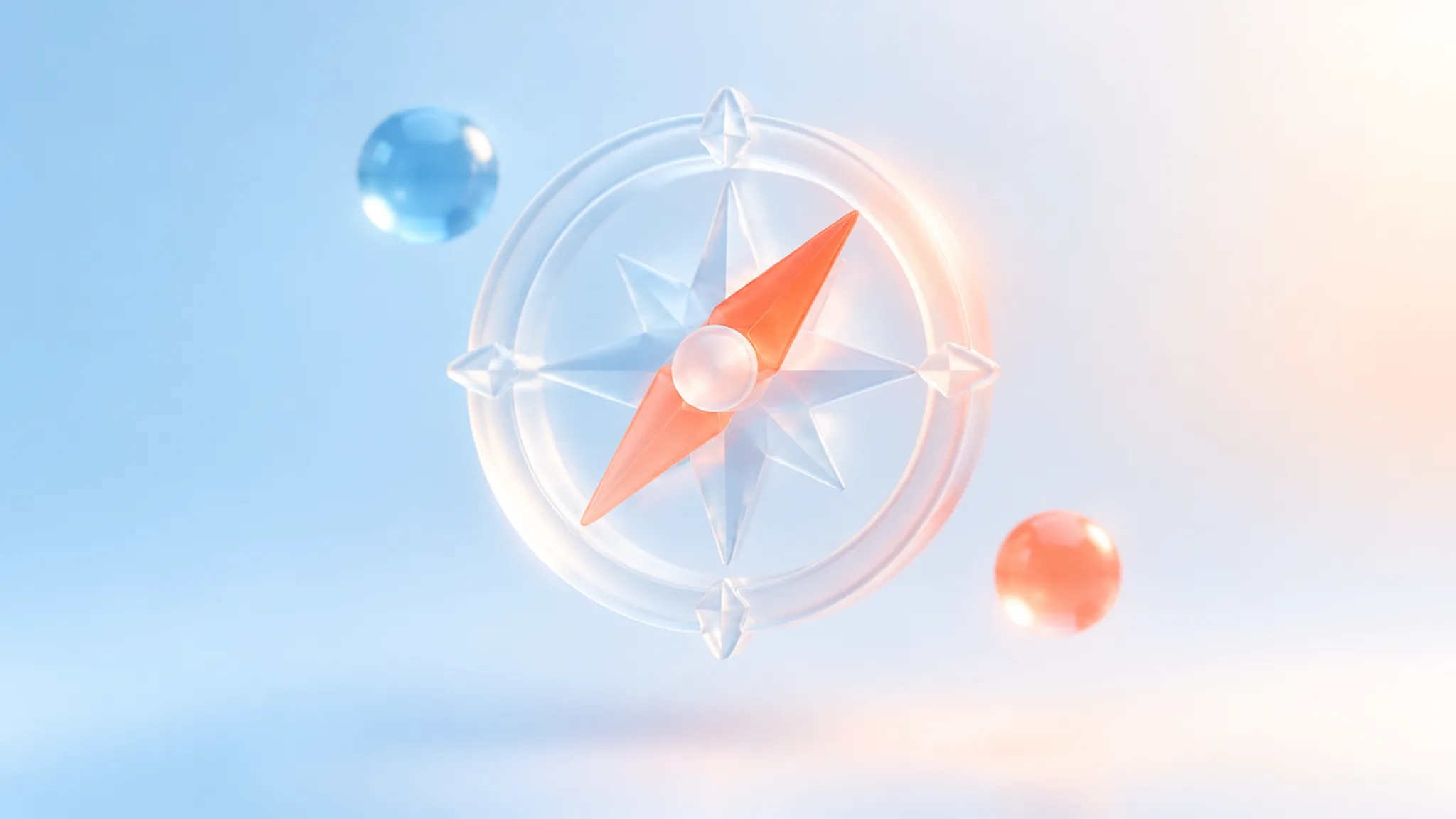 A frosted-glass compass or signpost glyph on a pale sky-blue gradient with a warm coral glow