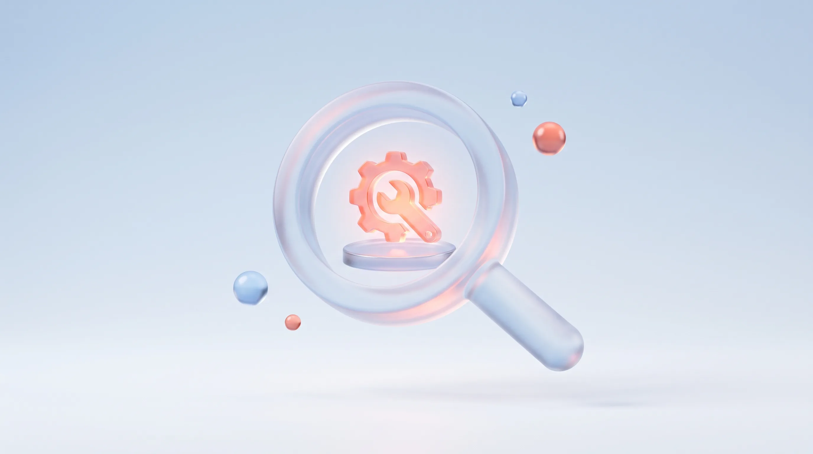 Glass magnifying glass inspecting a glowing glass tool icon on a small pedestal, representing evaluating an AI tool before buying it