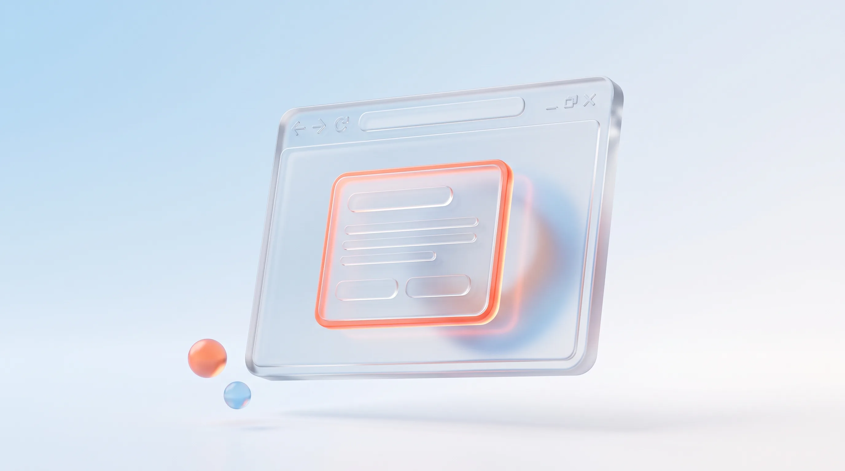 A glass browser window frame with a small glowing coral popup card appearing over it, representing an exit-intent popup