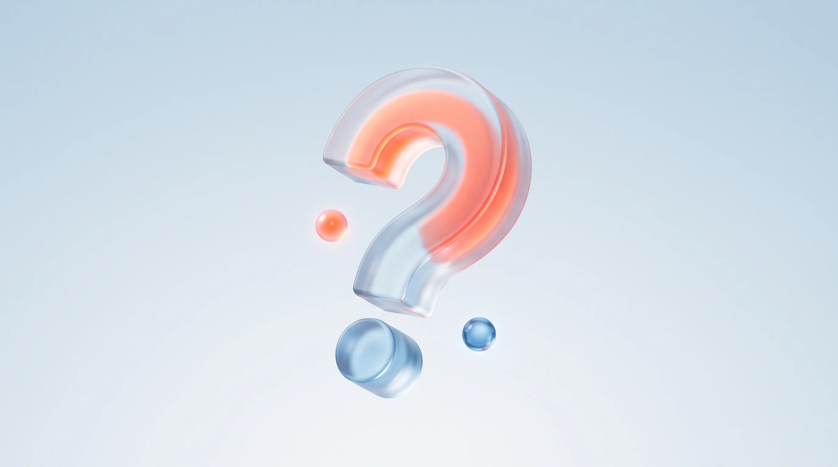 A glass question mark glyph with a warm coral-orange glowing core, representing a converting FAQ section