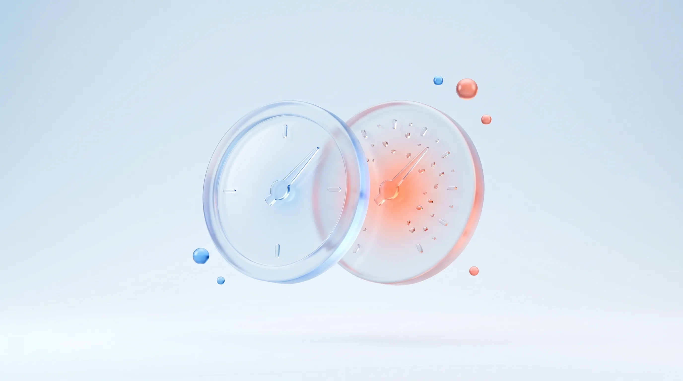Two glass gauges side by side, a clean lab dial and a scattered field dial, showing different readings, representing lab versus field performance data