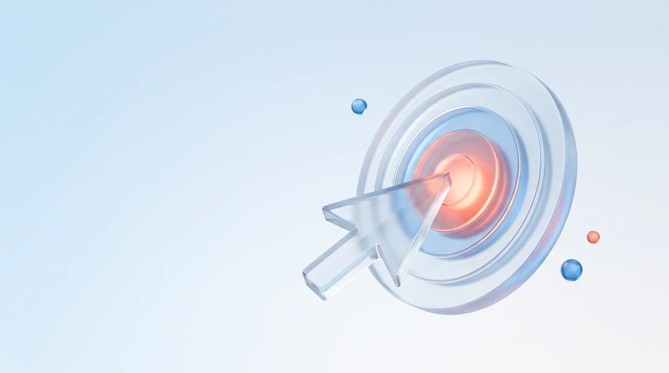 A glass glyph of a cursor reaching a large glowing target, representing Fitts's Law in interface design