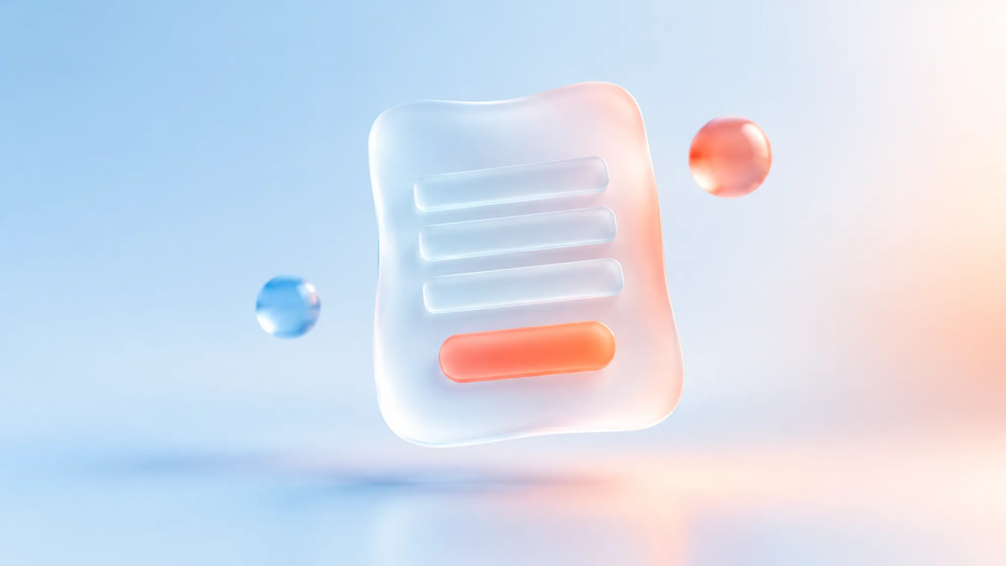 A frosted-glass form glyph on a pale sky-blue gradient with a warm coral glow