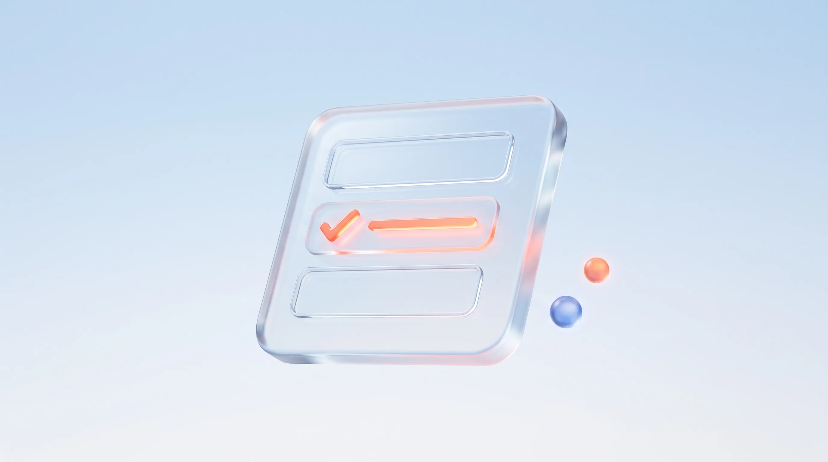 A glass form card glyph with a field showing a glowing coral checkmark, representing good form validation