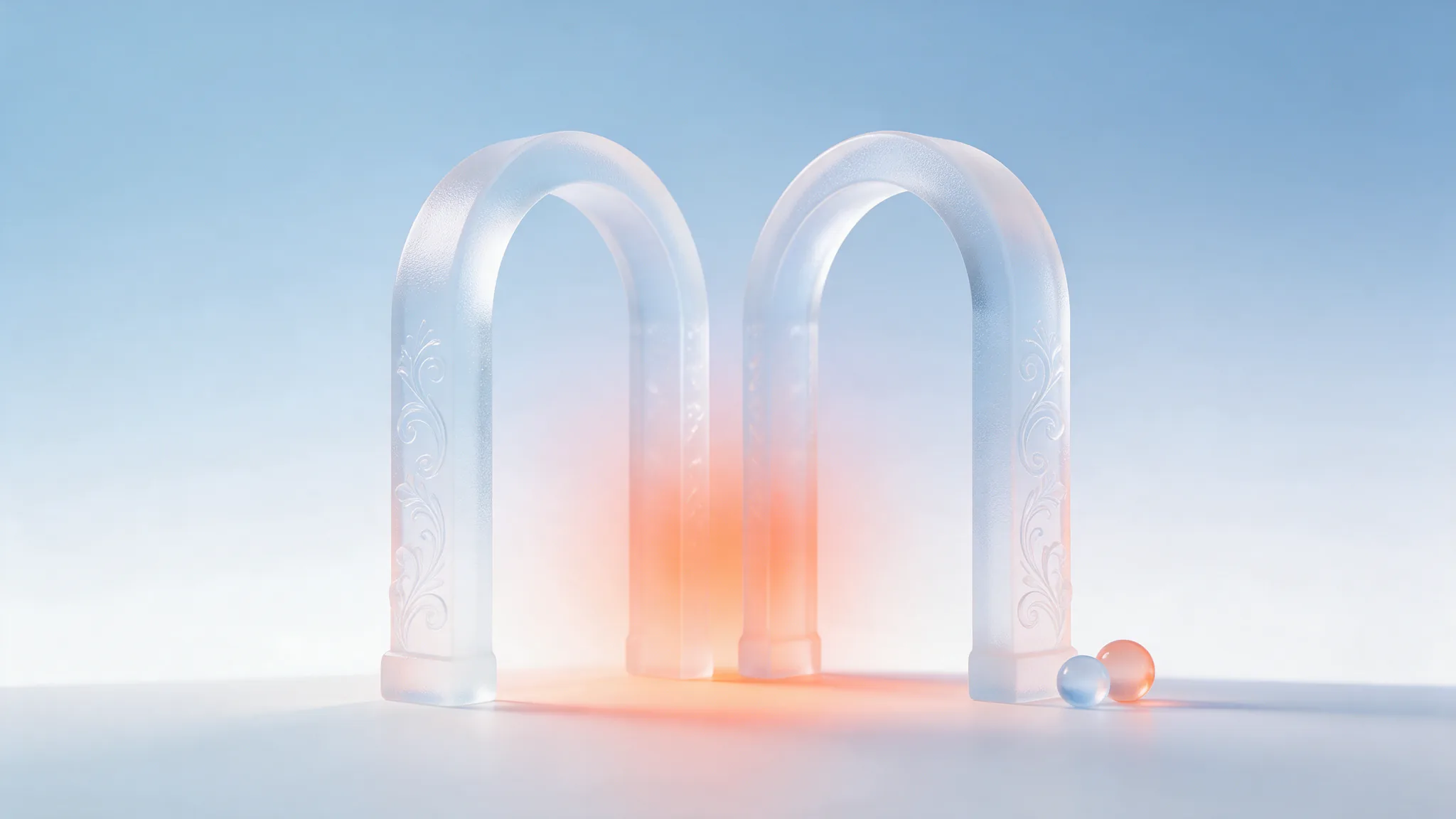 Two frosted-glass doorways side by side on a pale gradient with a coral glow between them