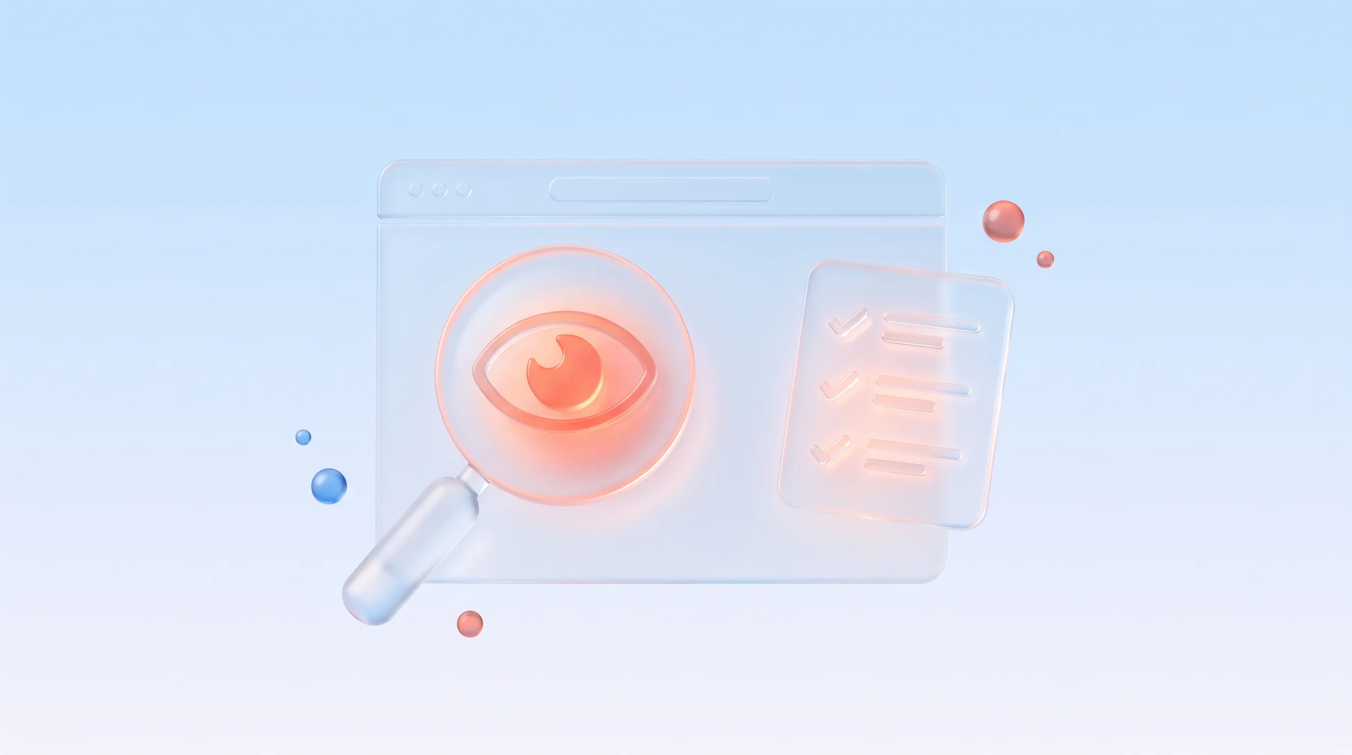 Glass eye lens with a glowing checklist scanning a website frame, representing a fresh-eyes self-audit of your own site