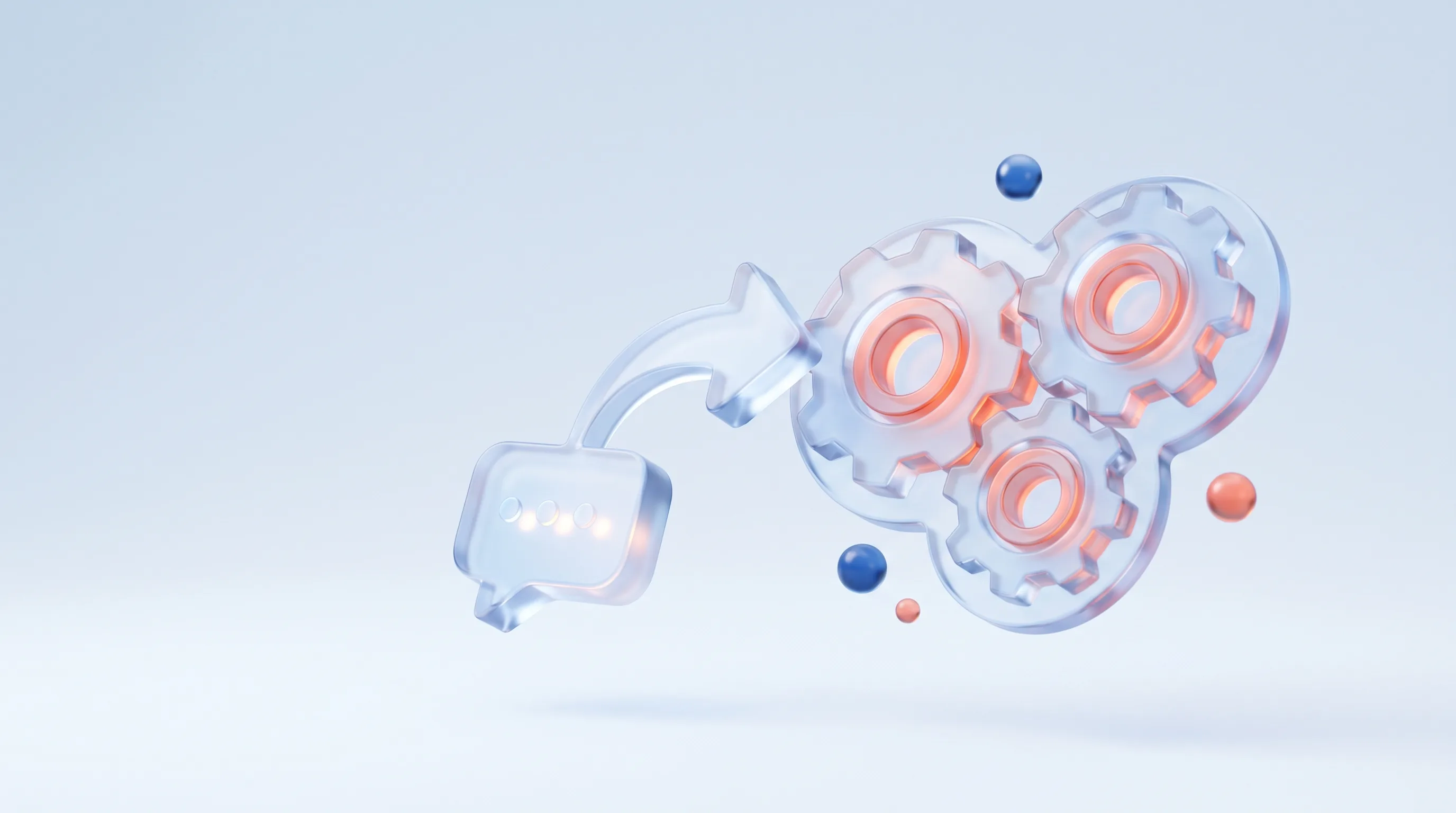 Glass prompt bubble connected by an arrow to a glass system of linked gears, representing turning a one-off AI prompt into a repeatable pipeline