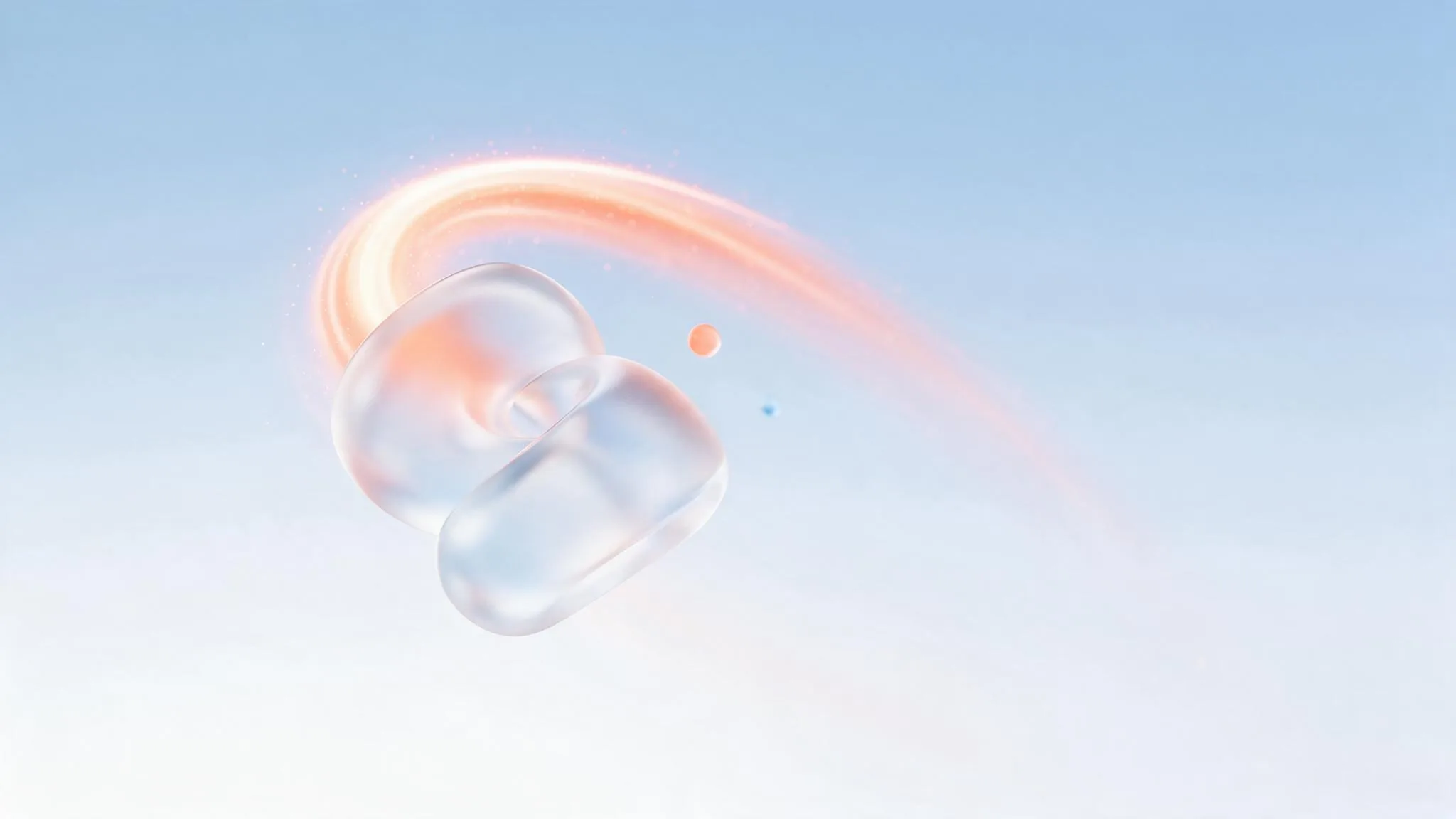 A glass rounded shape with a glowing coral motion-arc trail, representing functional motion