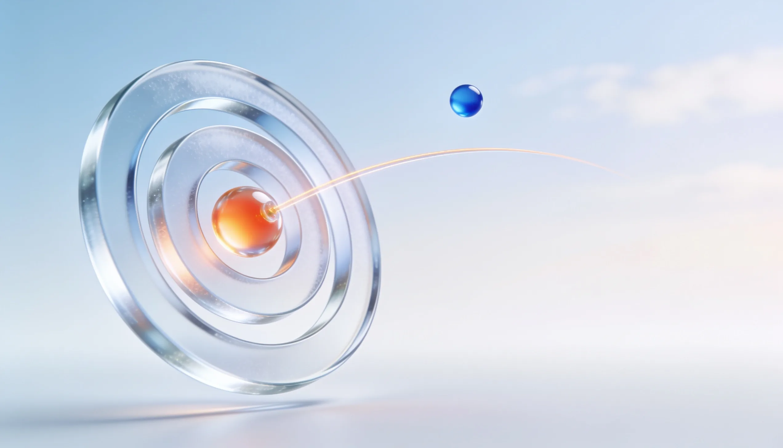 Glass target rings with an orb striking the glowing center, representing conversion tracking