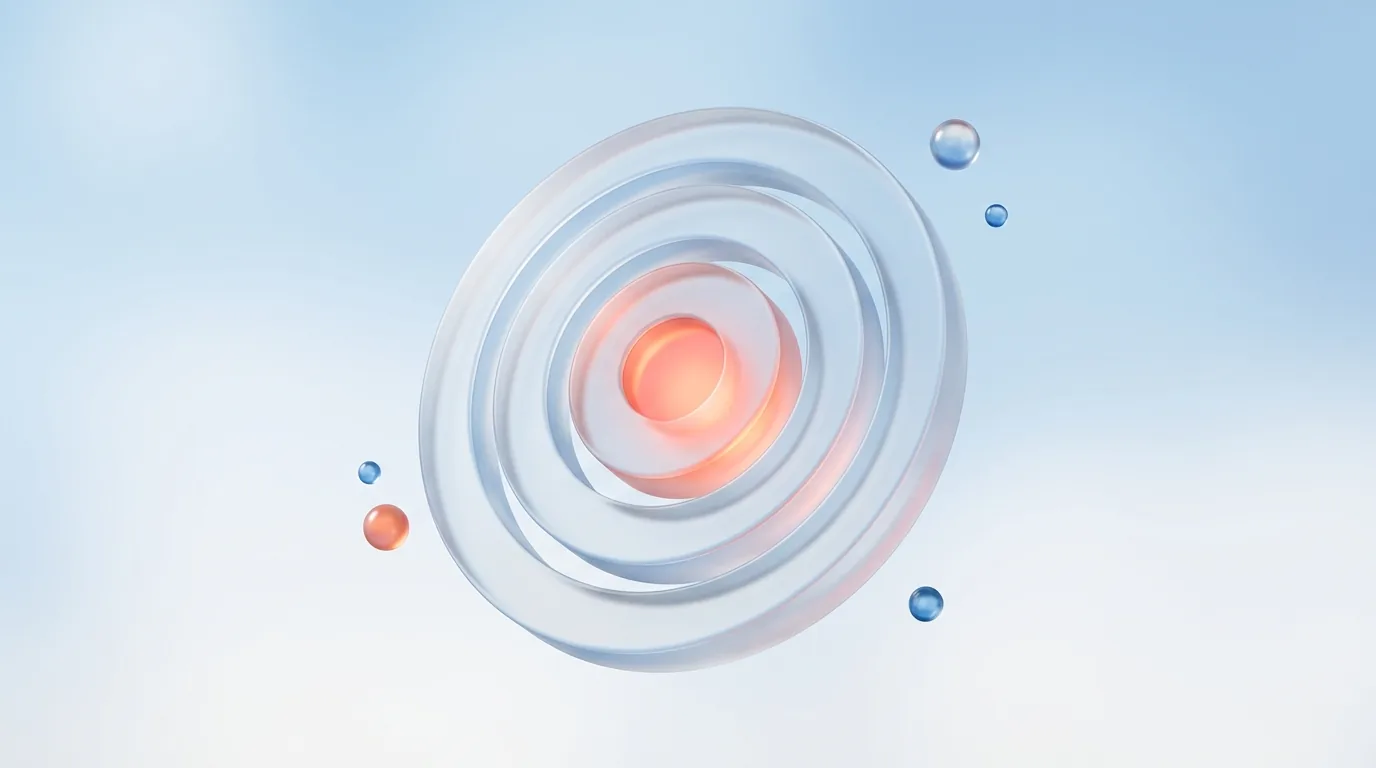 A glass glyph of three concentric rings with a glowing core, representing the Golden Circle why-how-what model