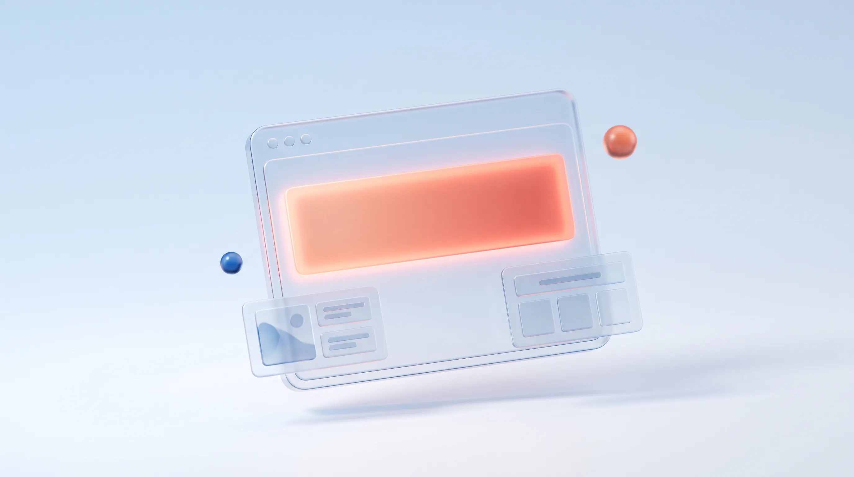 Glass browser frame with a glowing hero band across the top, surrounded by small glass layout variant cards, representing hero section formulas