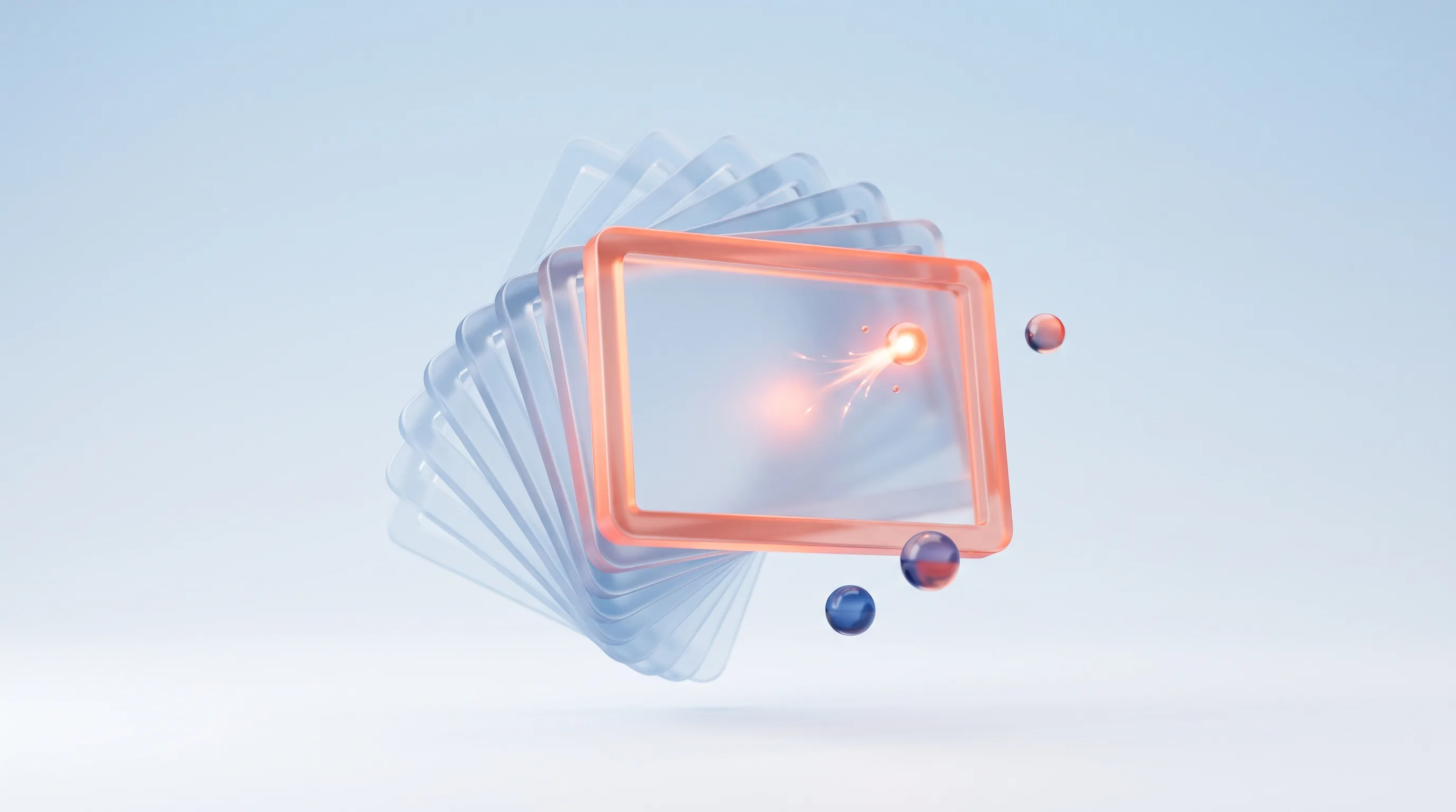Glass ad frame with several glass duplicate frames fanning out behind it and a glowing spark, representing scaled AI ad creative production