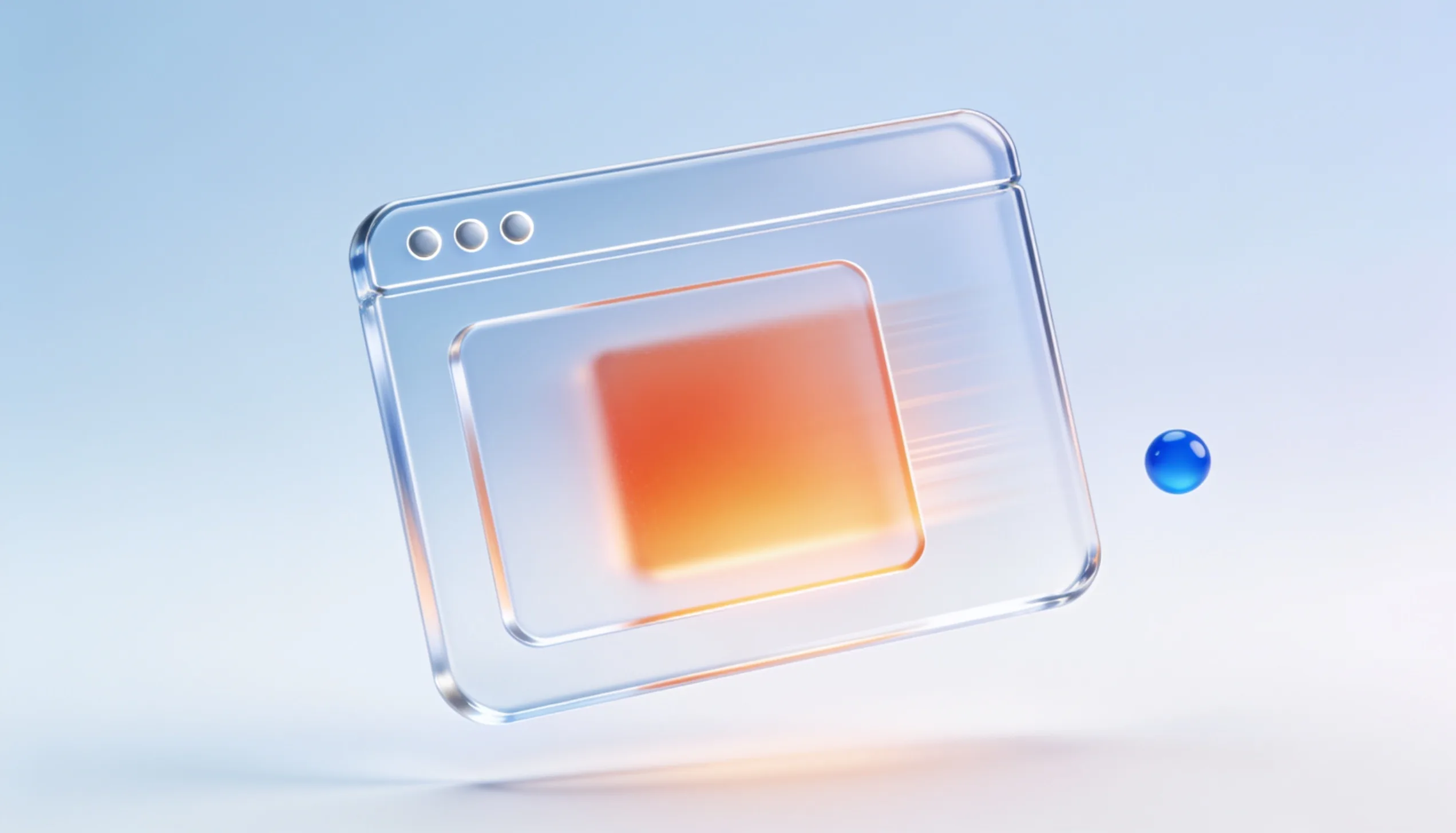 Glass browser frame with a glowing content block loading into place, representing LCP