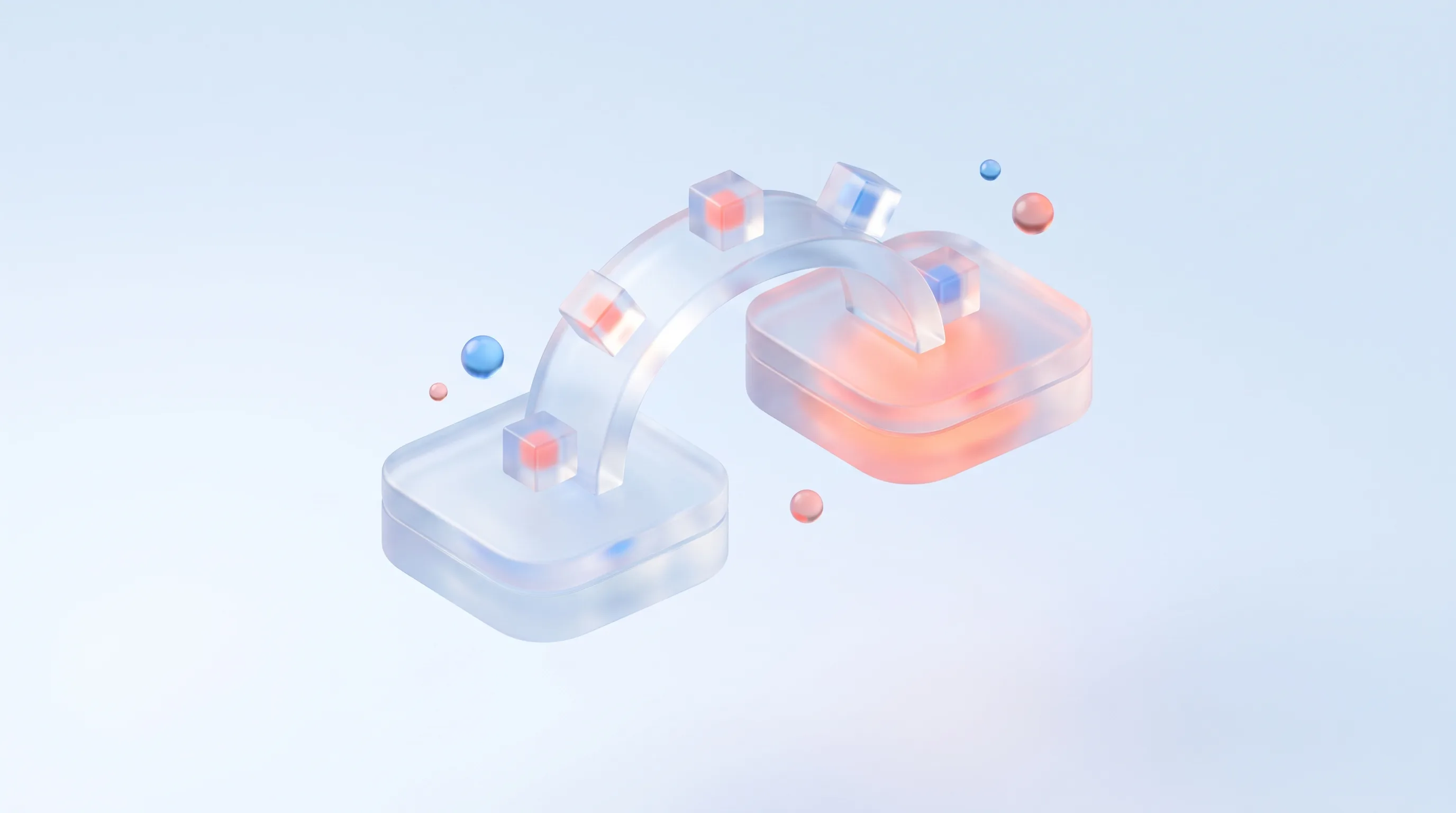 Two glass platform nodes joined by a glass bridge carrying small glass data cubes from one to the other, representing a CRM migration