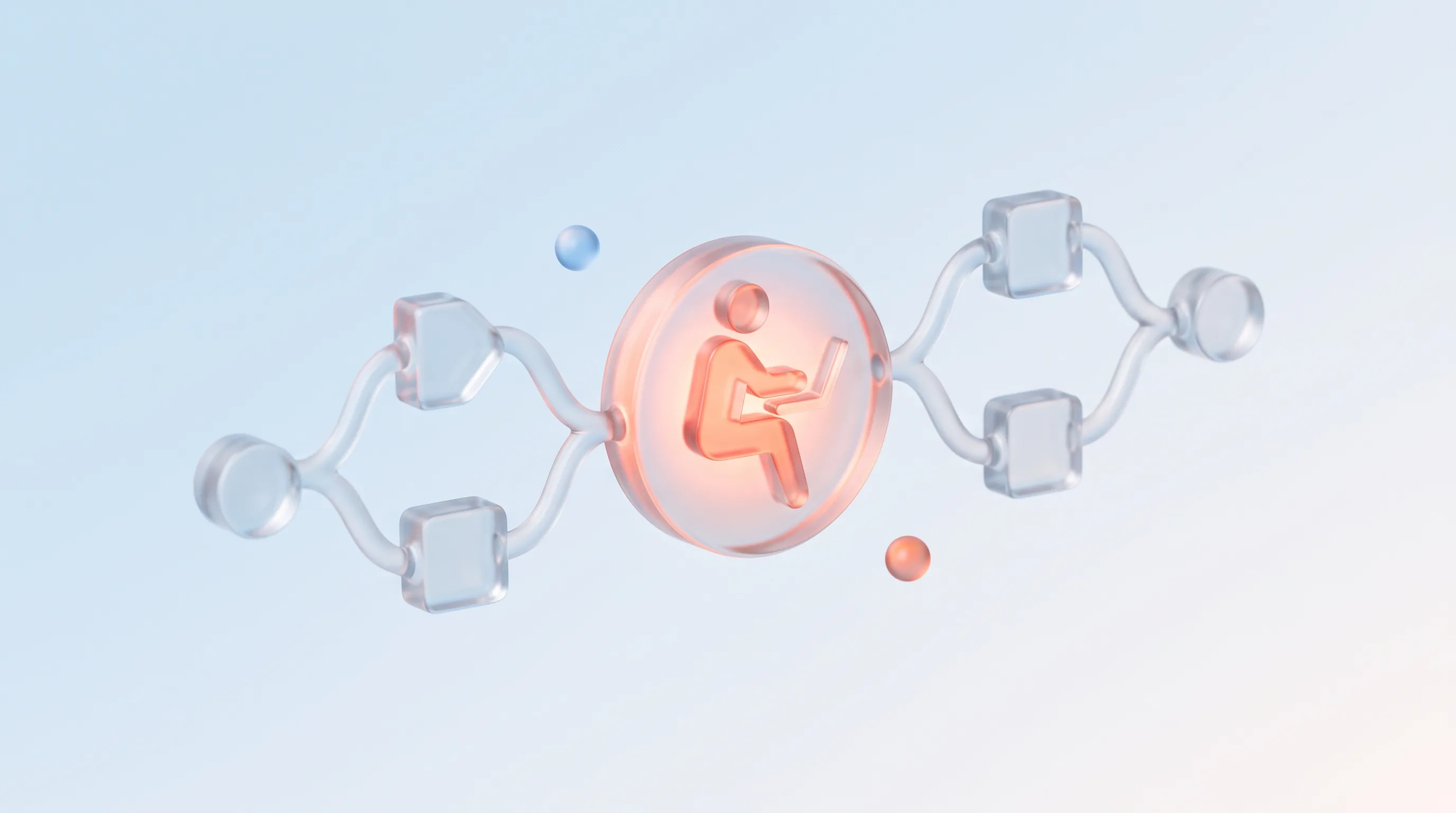 Glass automation pipeline with a glowing human-shaped checkpoint node in the middle, representing human-in-the-loop control