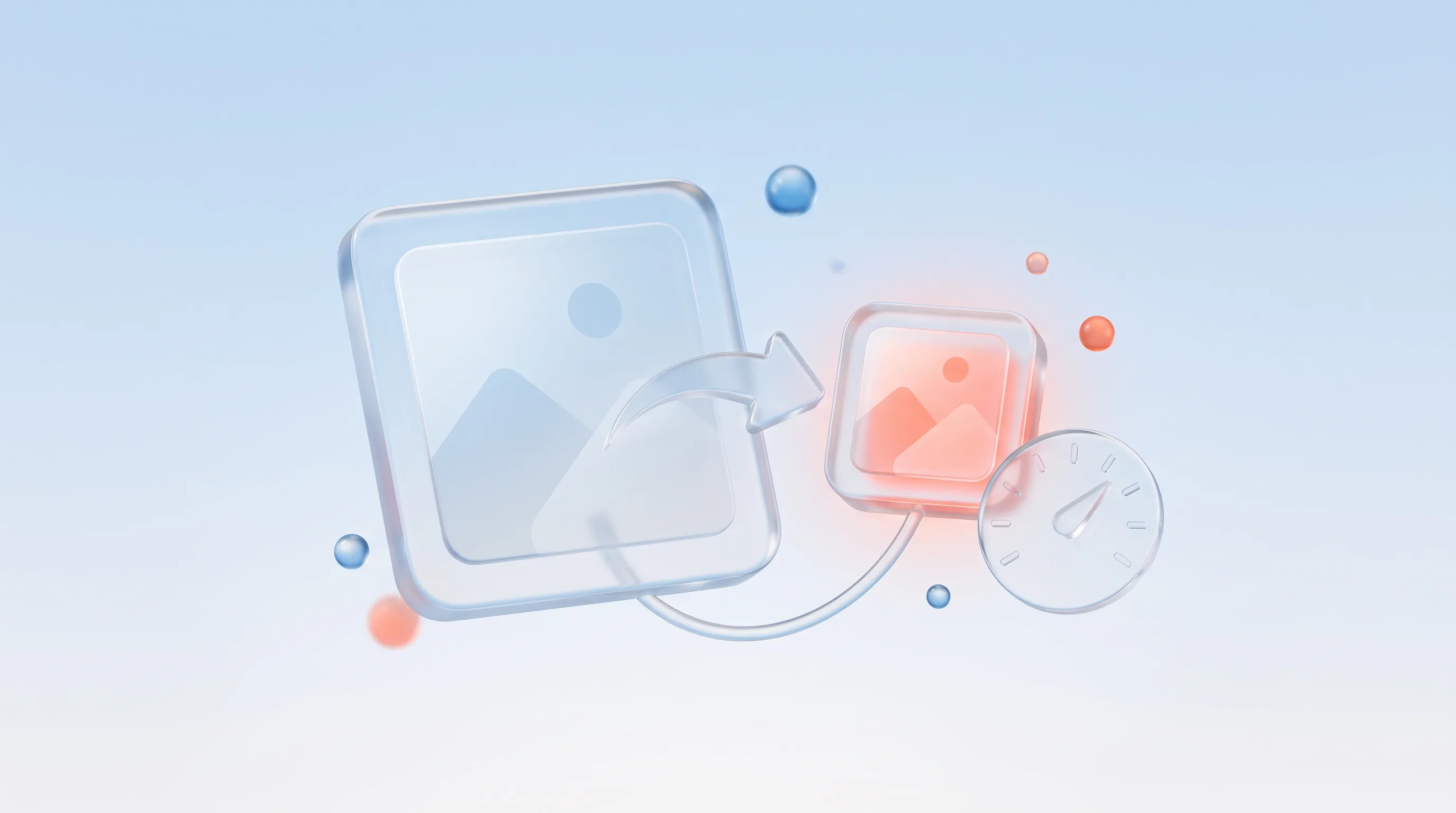 Glass image tile compressing down to a light glowing version beside a fast gauge, representing image optimization for speed