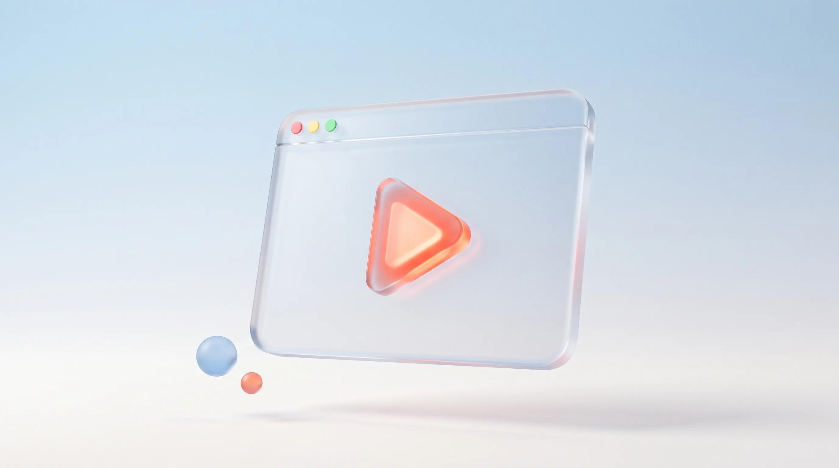 A glass browser frame glyph with a glowing coral play triangle, representing an interactive product preview