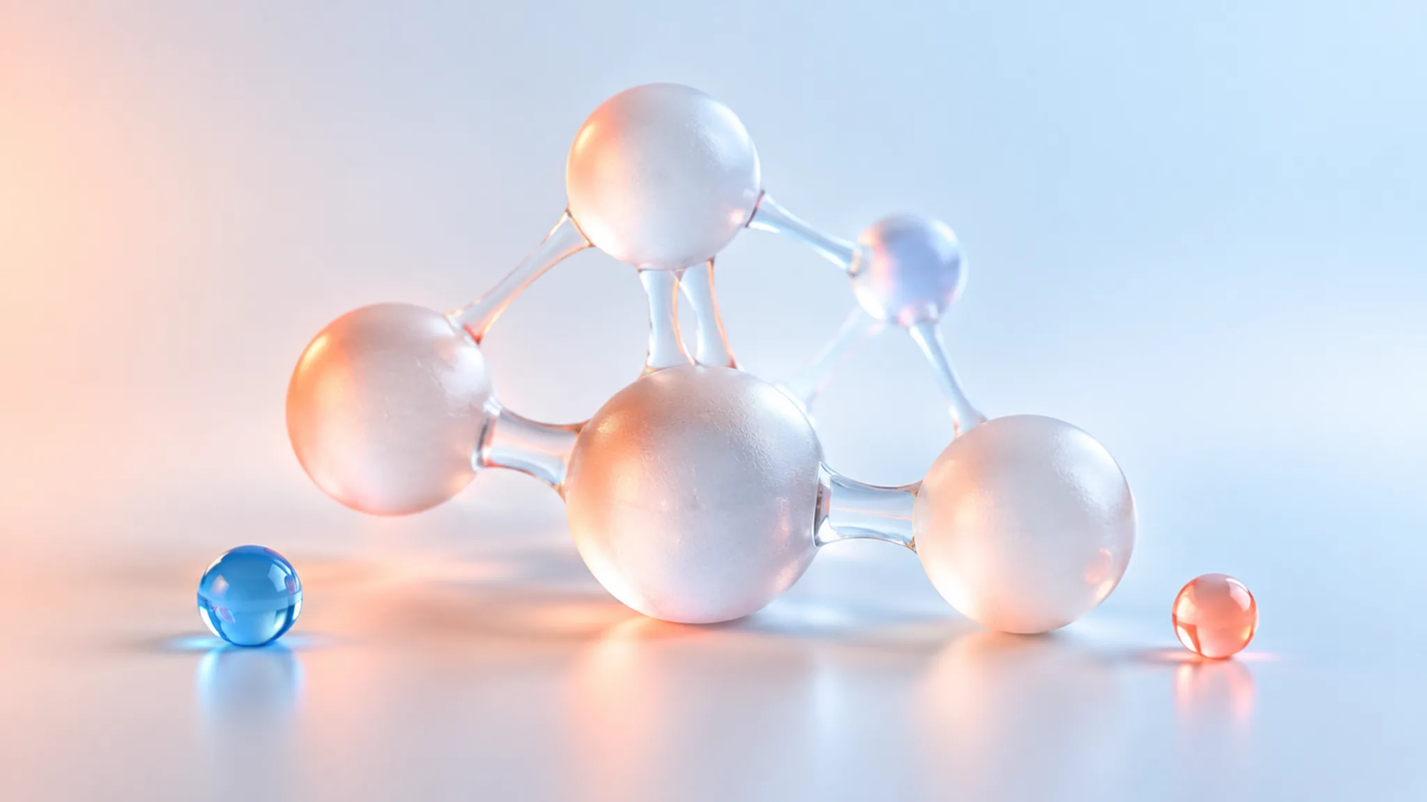 Frosted-glass nodes connected by translucent links forming a network on a pale sky-blue gradient