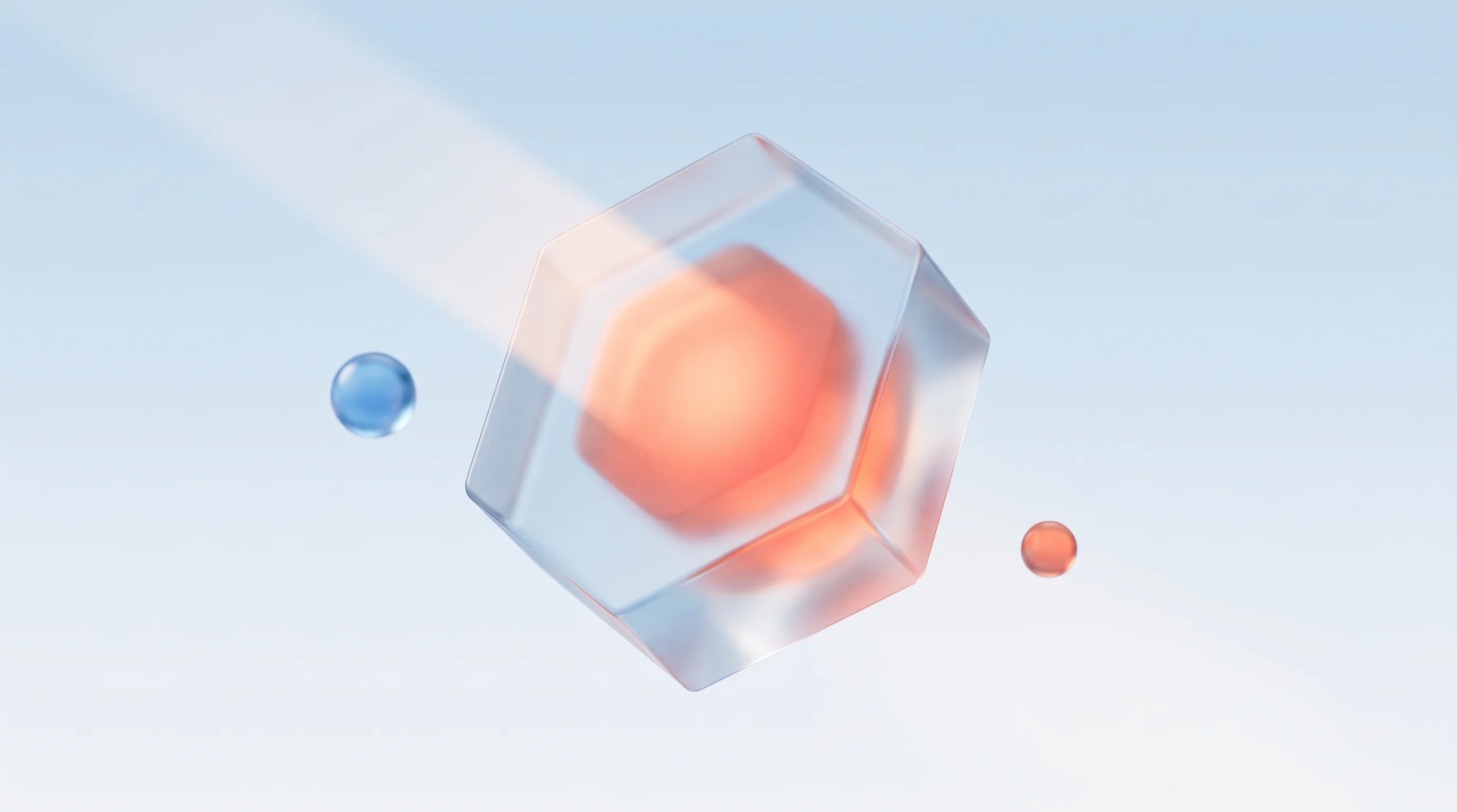 A glass glyph of a six-sided prism refracting light into facets, representing the brand identity prism