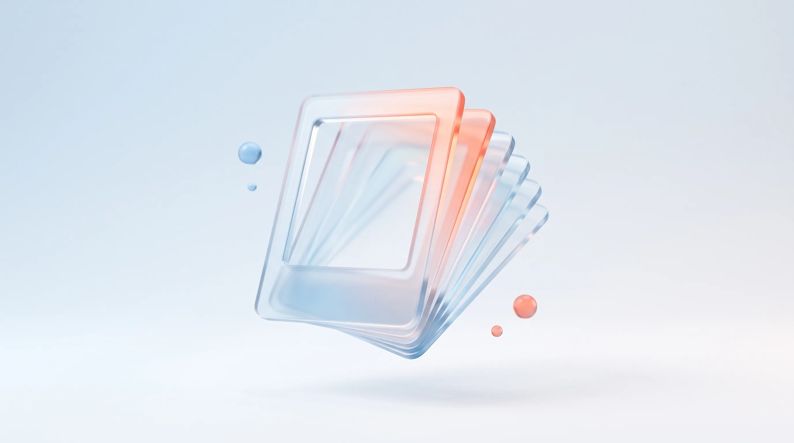 Glass ad frame refreshing into several new glass variants with a gentle glow, representing keeping ad creative fresh without burnout