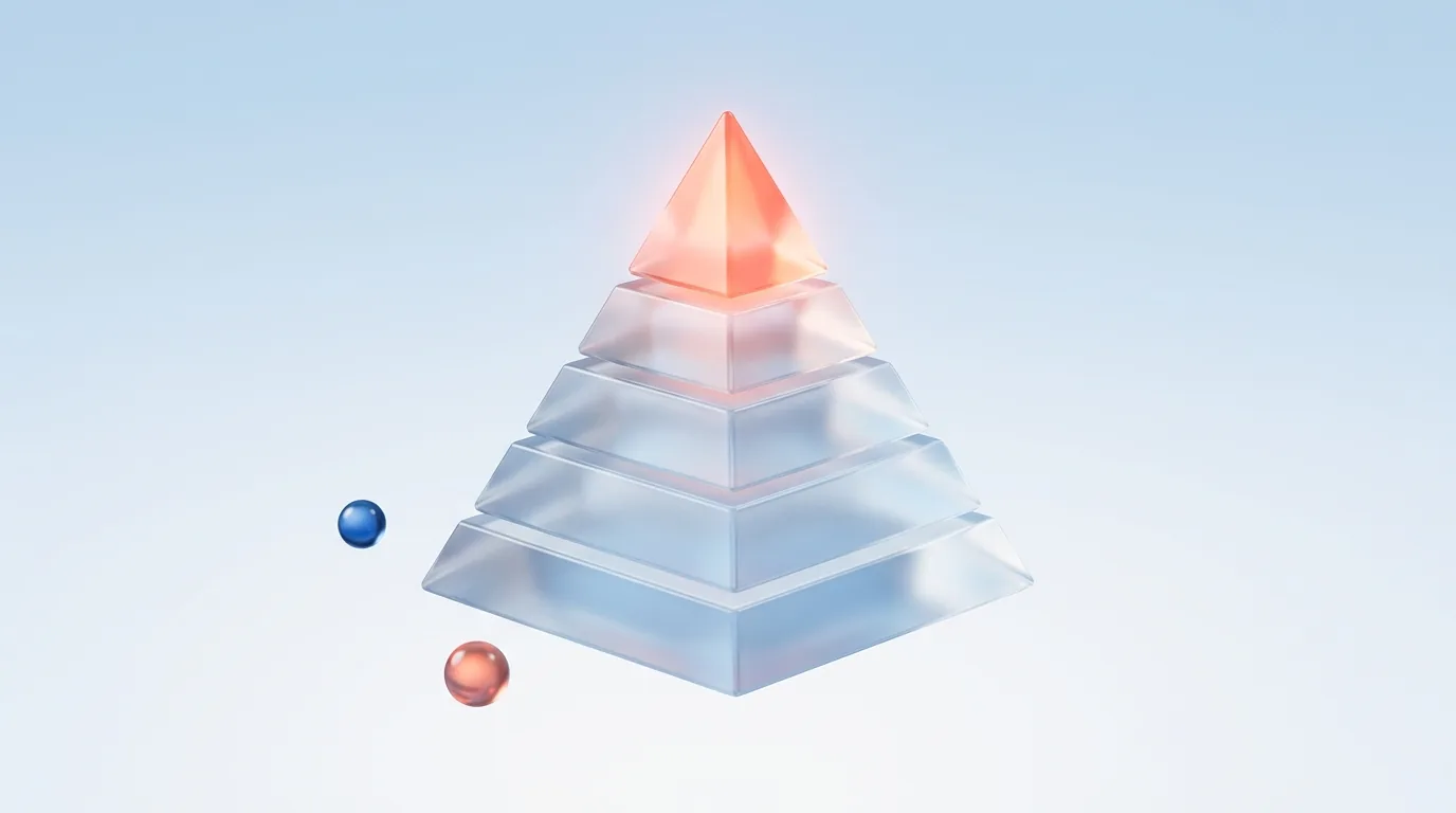 A glass glyph of a four-tier pyramid with a glowing peak, representing Keller's brand resonance pyramid