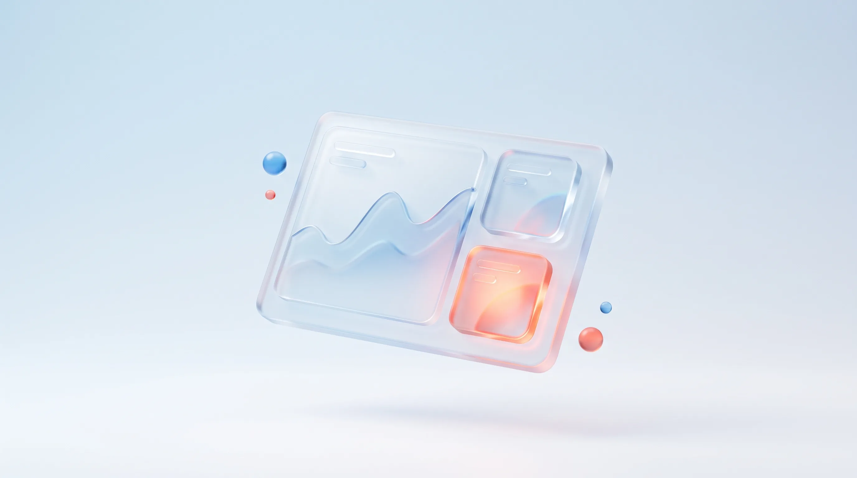 Glass dashboard panel with a glass line chart and two small metric tiles, one glowing, representing landing page analytics