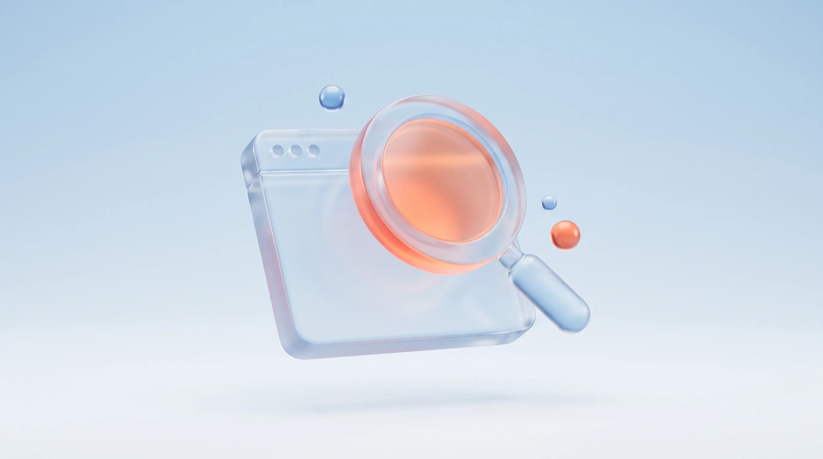 Glass magnifying glass hovering over a glass browser window frame, representing a landing page teardown