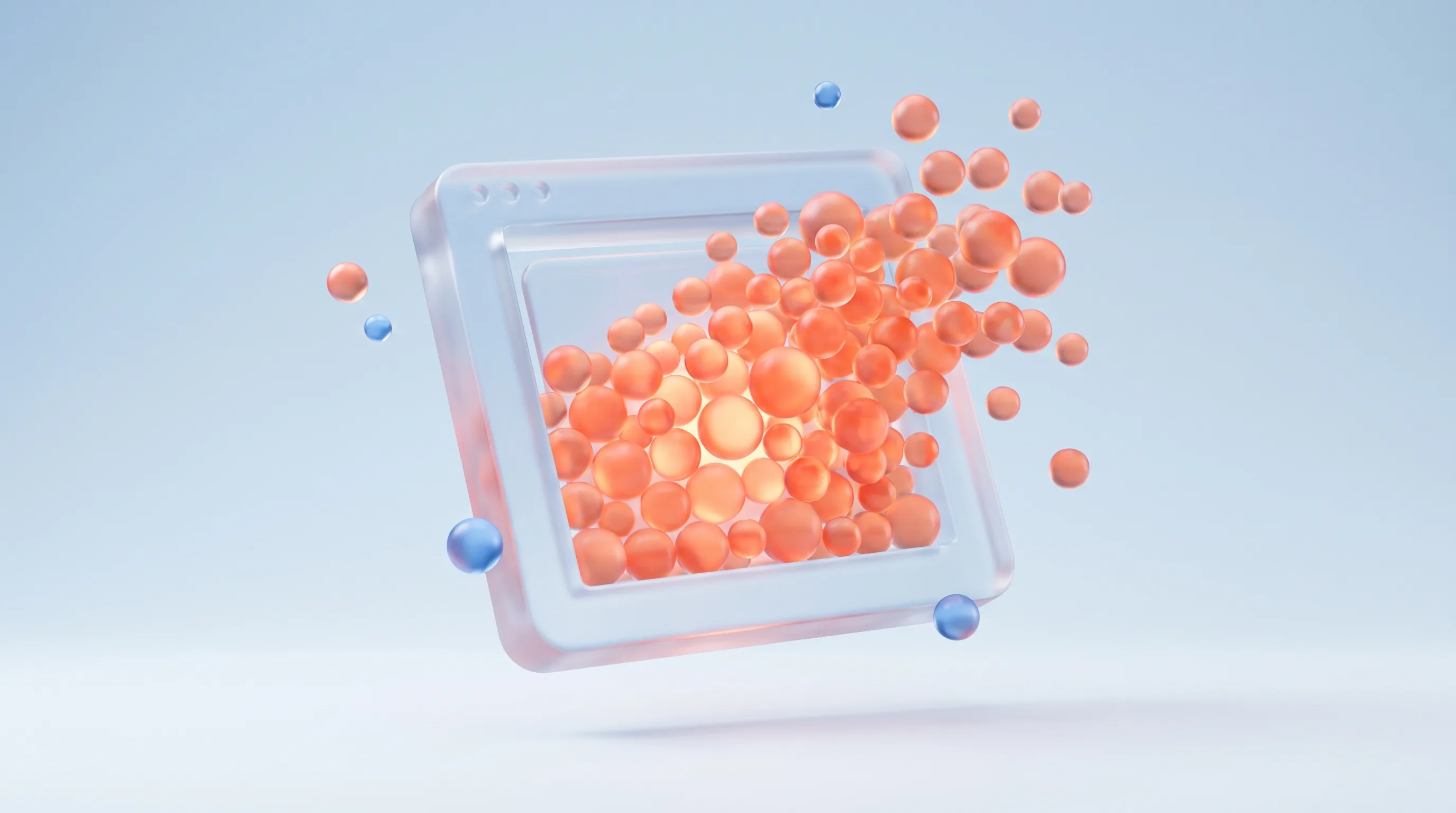 Glass landing page frame standing firm as a glowing surge of glass orbs flows into it, representing a page that survives a traffic spike