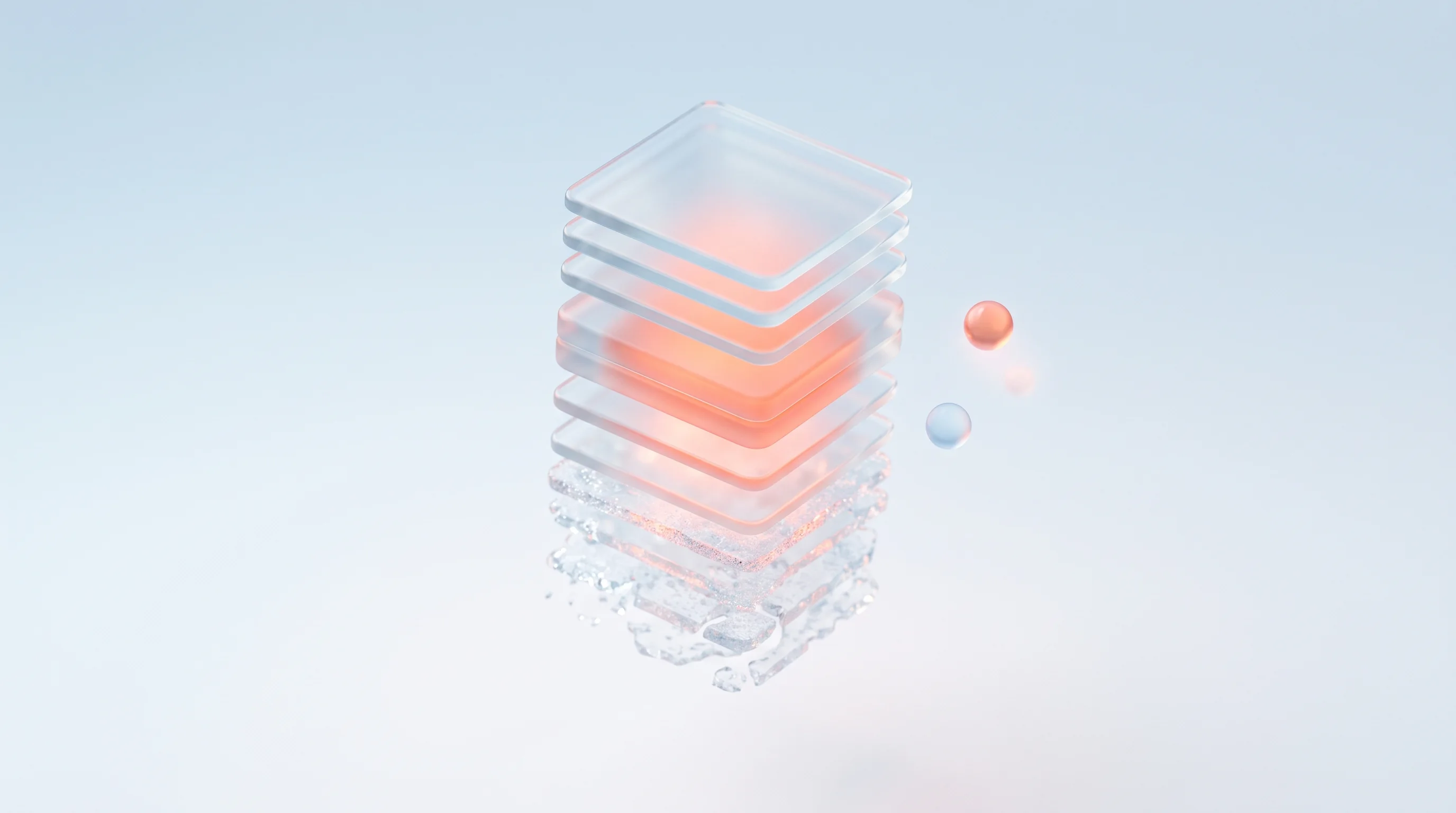 A glass glyph of stacked panels where lower ones materialise as they scroll into view, representing lazy loading