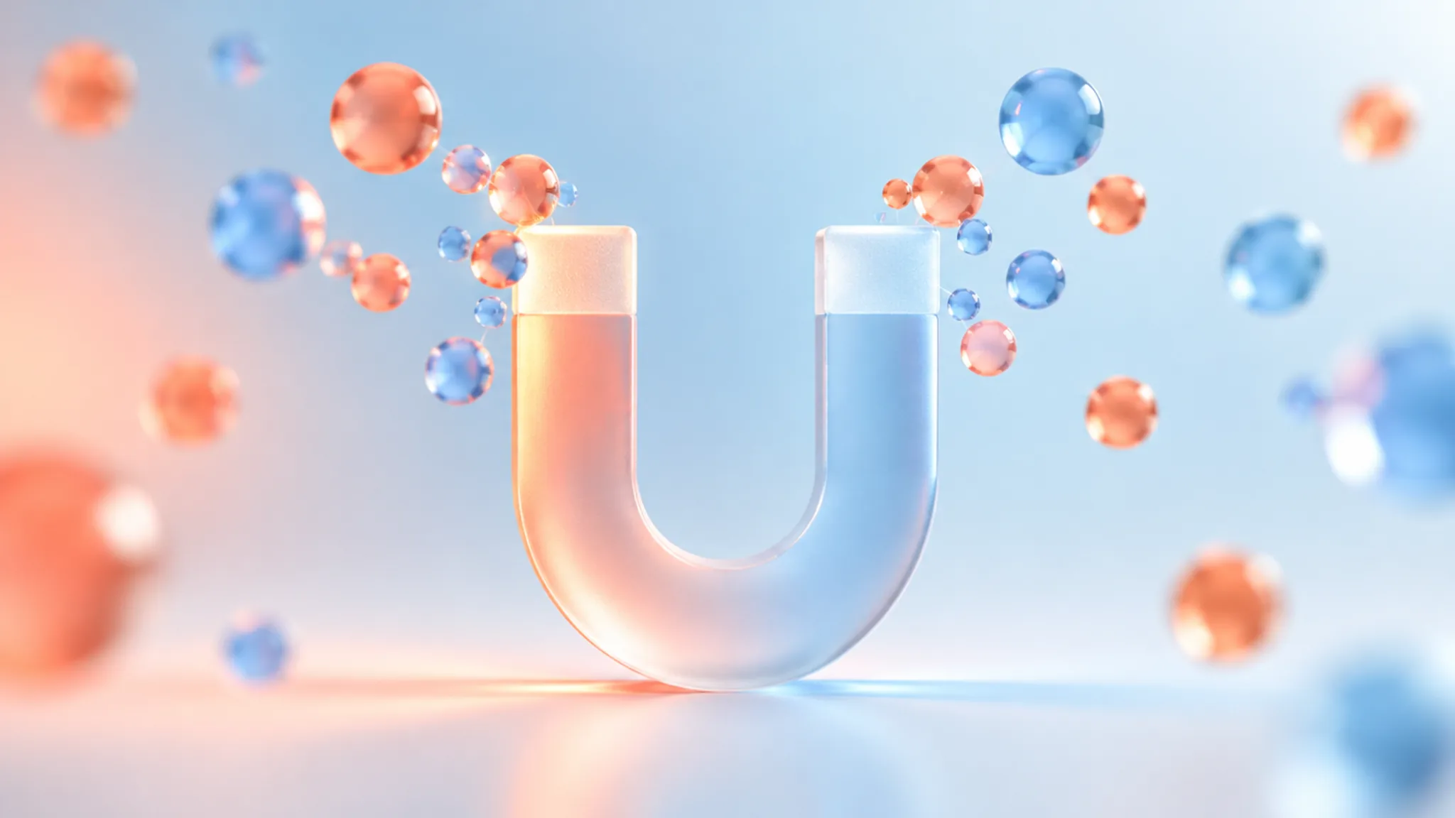 A frosted-glass magnet glyph drawing small coral and blue glass orbs on a pale gradient