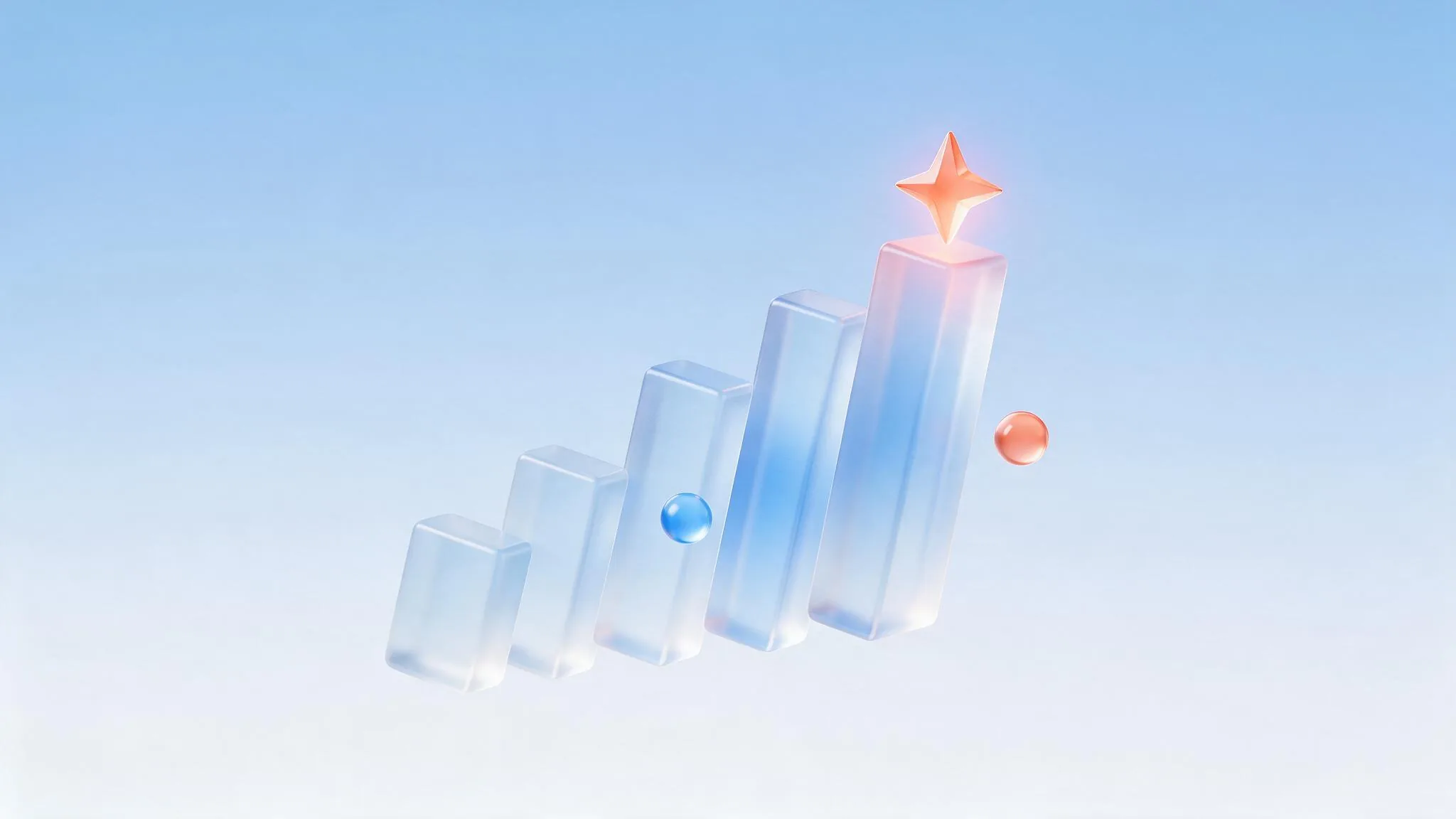 Ascending glass bars with a glowing coral star, representing lead scoring
