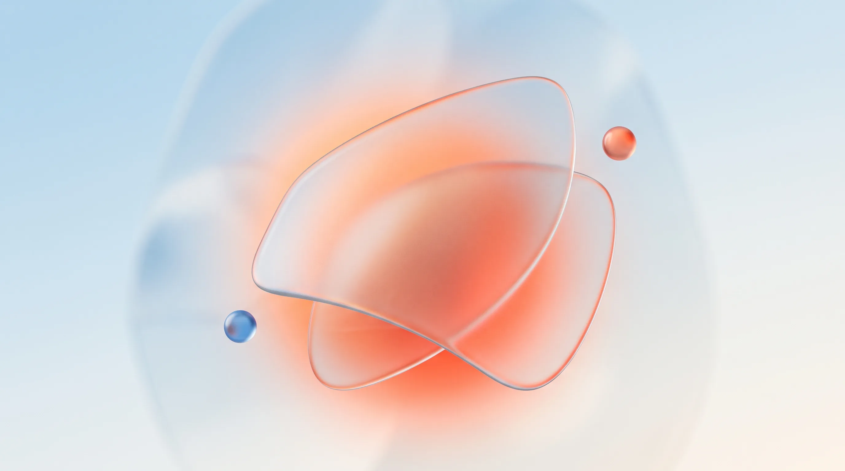 A translucent frosted glass panel floating over a soft layered background with a coral glow, representing the liquid glass UI look