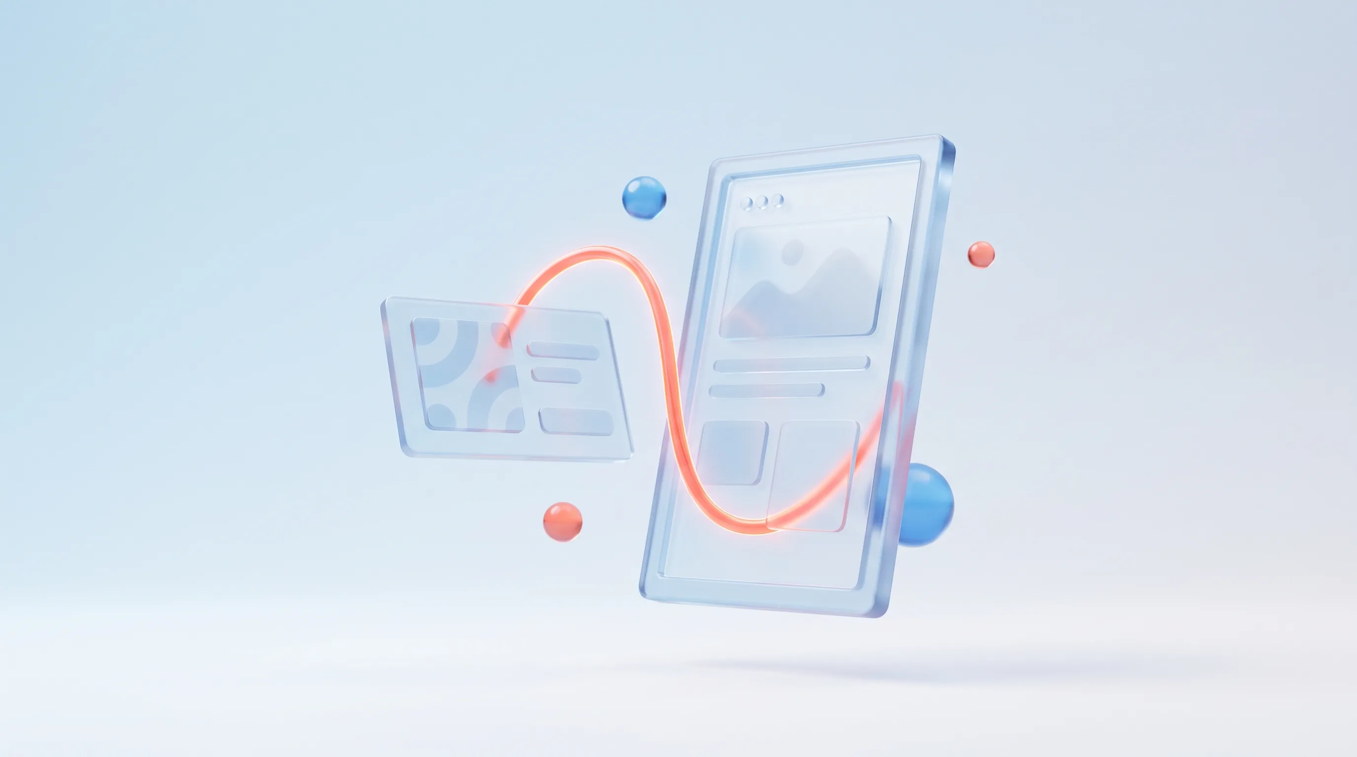 Two glass panels, an ad card and a landing page, joined by a glowing connecting thread showing they carry the same message, representing ad to page message match