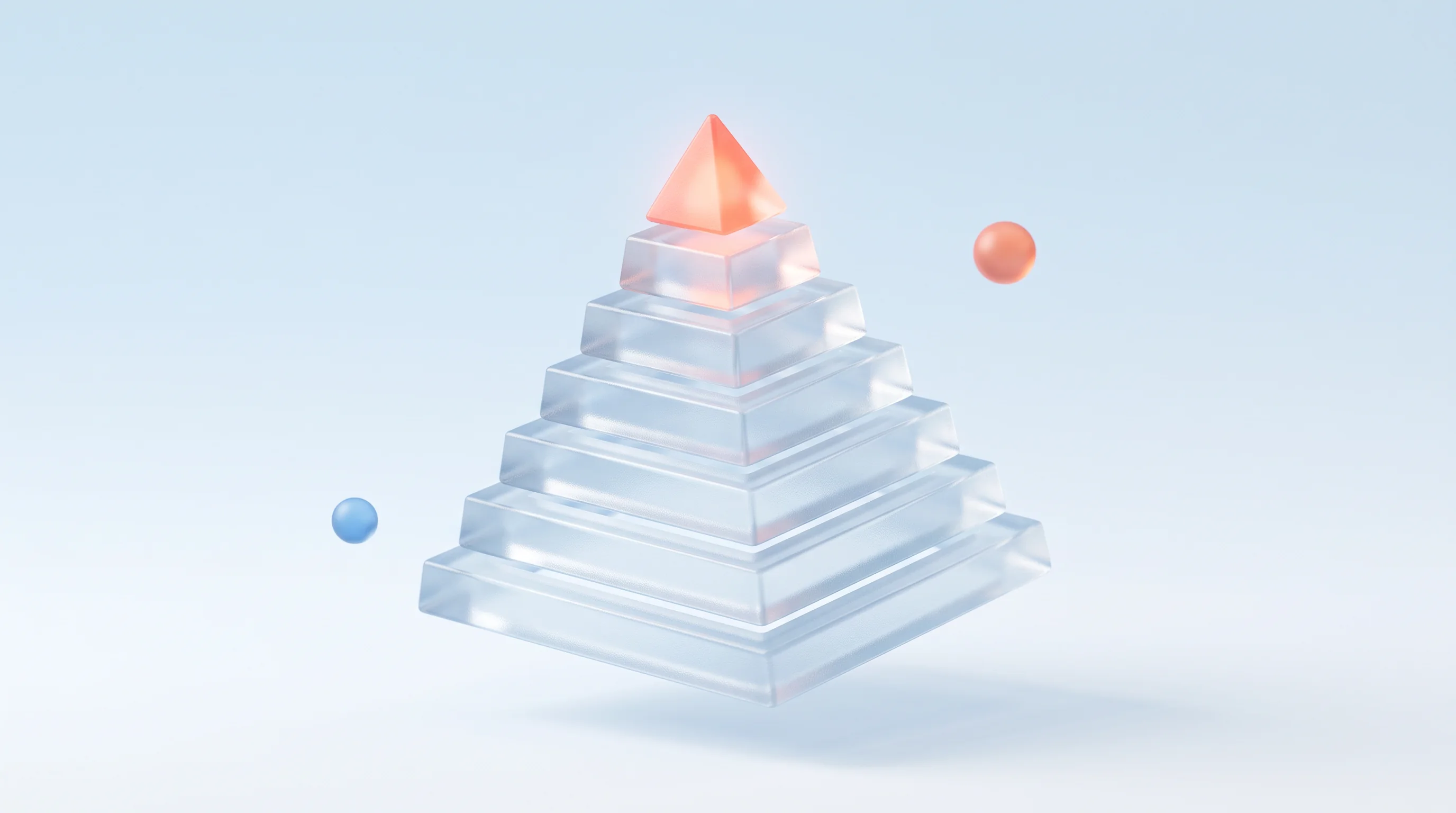 A glass glyph of a clear tiered structure with one bright element at the top, representing a messaging hierarchy