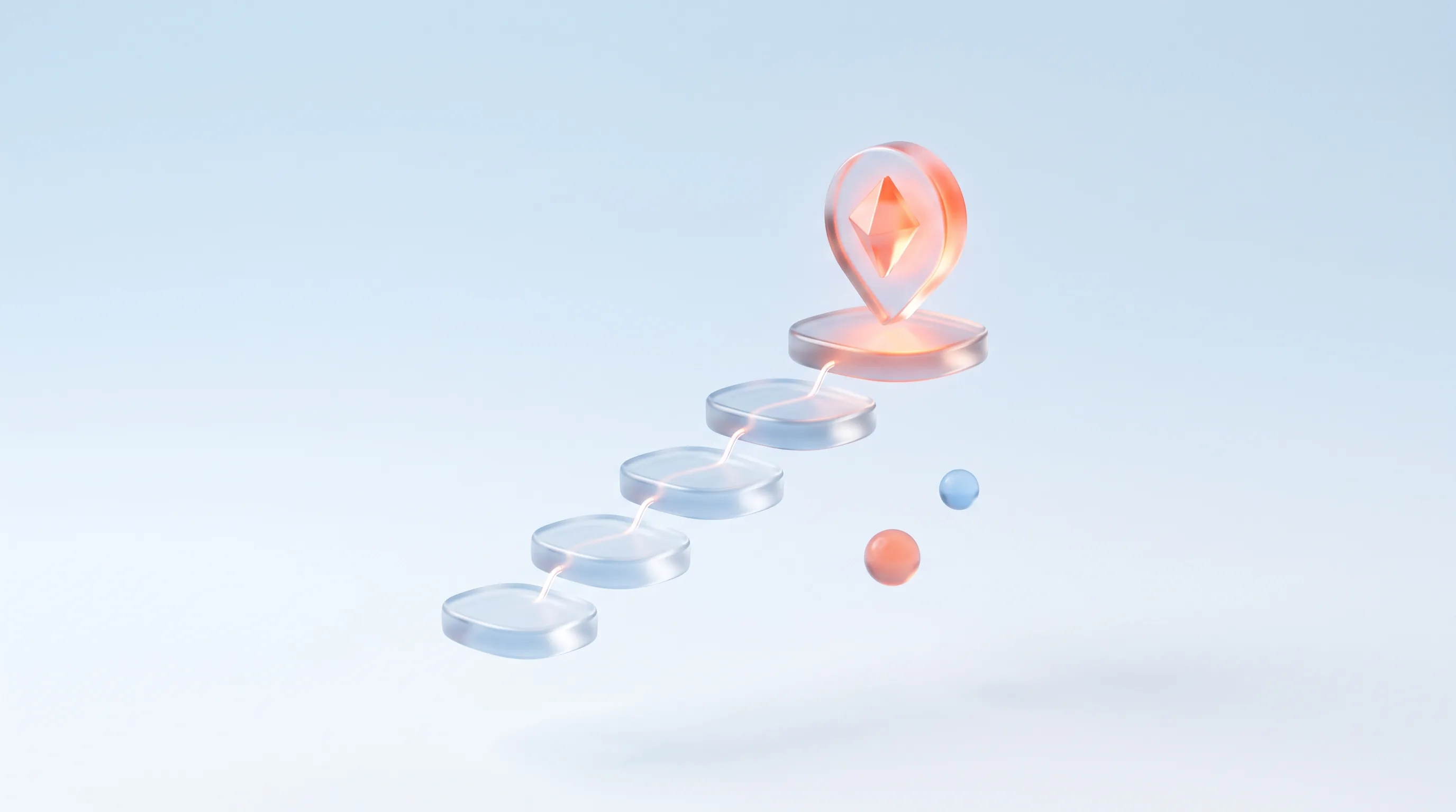 A glass glyph of small stepping stones leading up to a larger glowing goal, representing micro-conversions leading to a sale