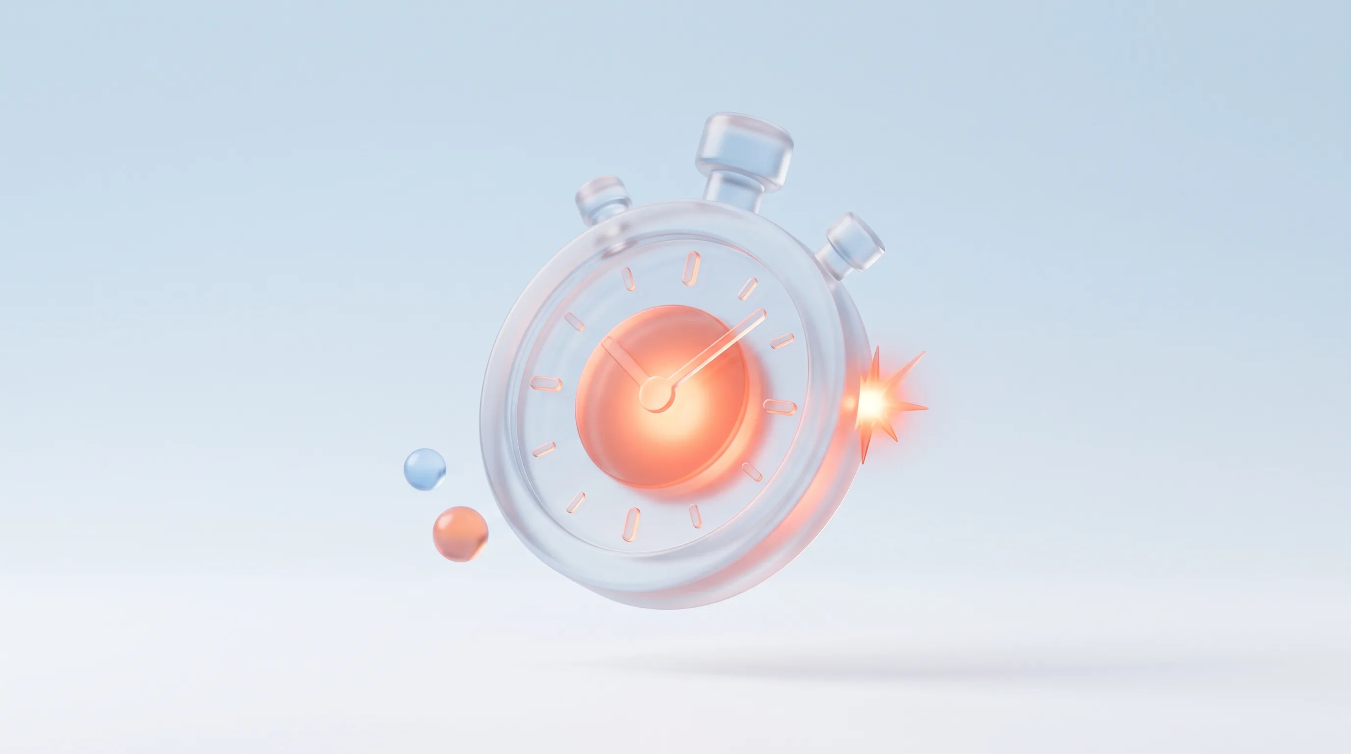 A glass stopwatch glyph with a glowing coral core and a small spark, representing micro-moment optimization