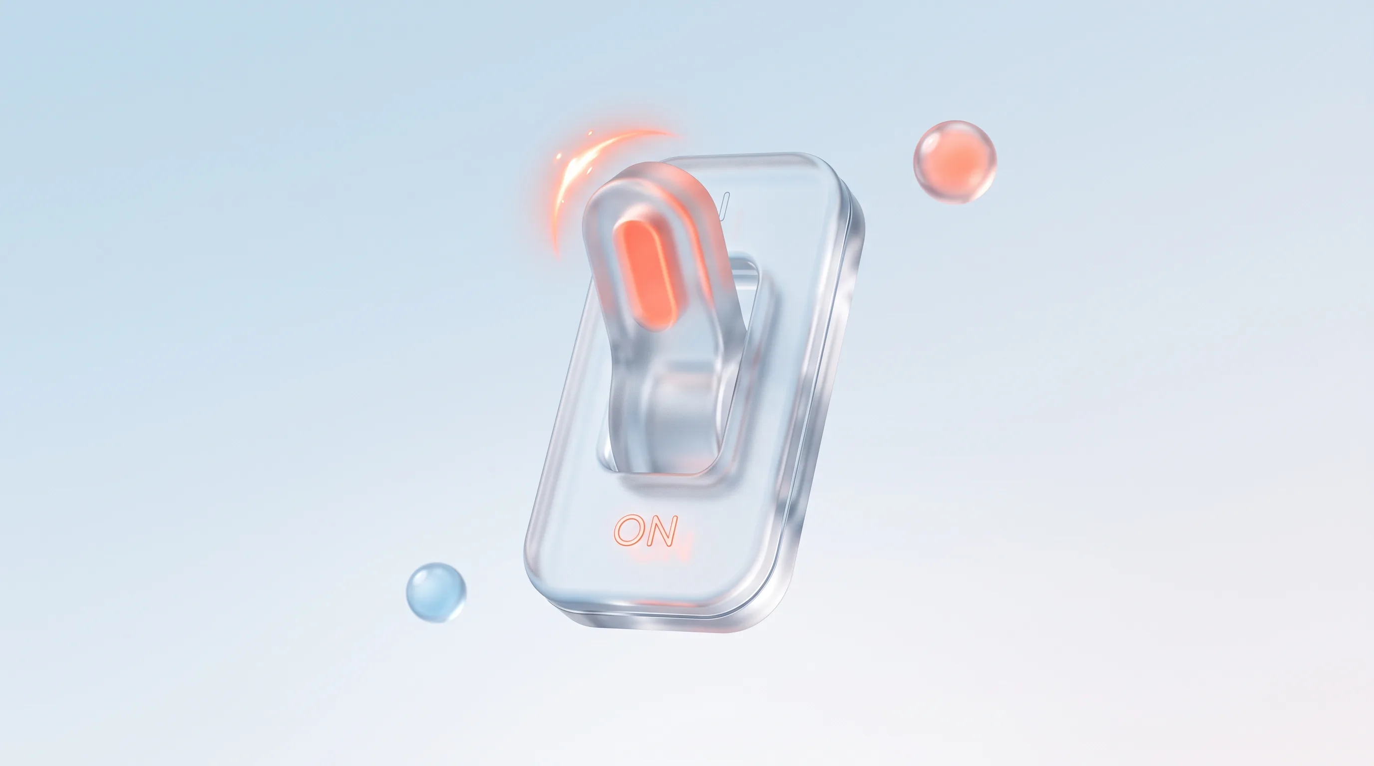 A glass toggle switch glyph with a glowing coral-orange spark of motion, representing a microinteraction