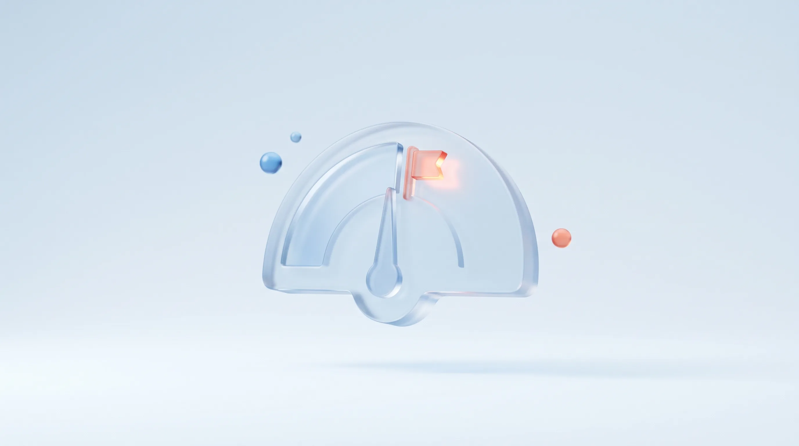 Glass gauge at the halfway mark with a glowing checkpoint flag, representing a mid-quarter check on a CRO plan