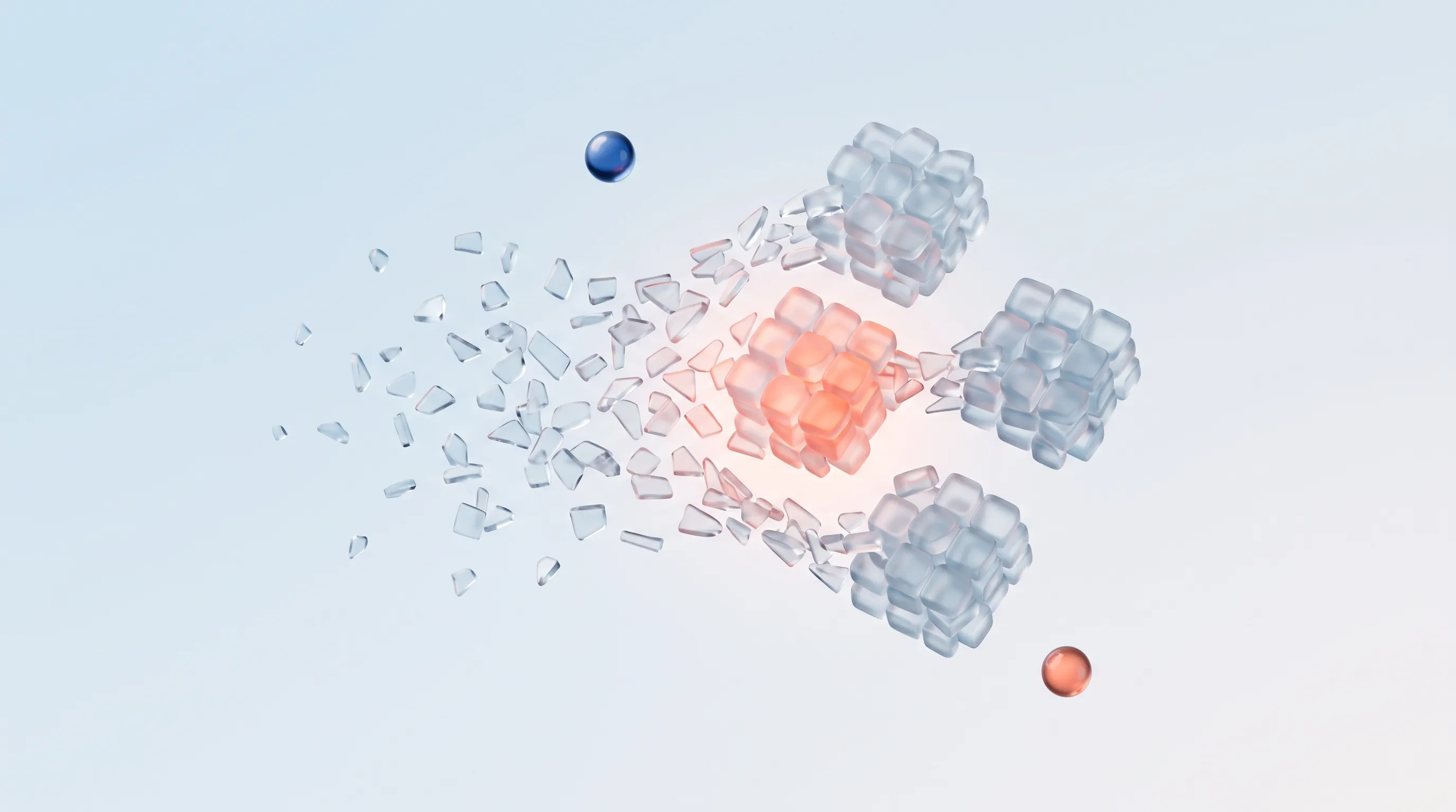 A glass glyph of scattered pieces grouping into a few neat clusters, representing chunking and Miller's Law