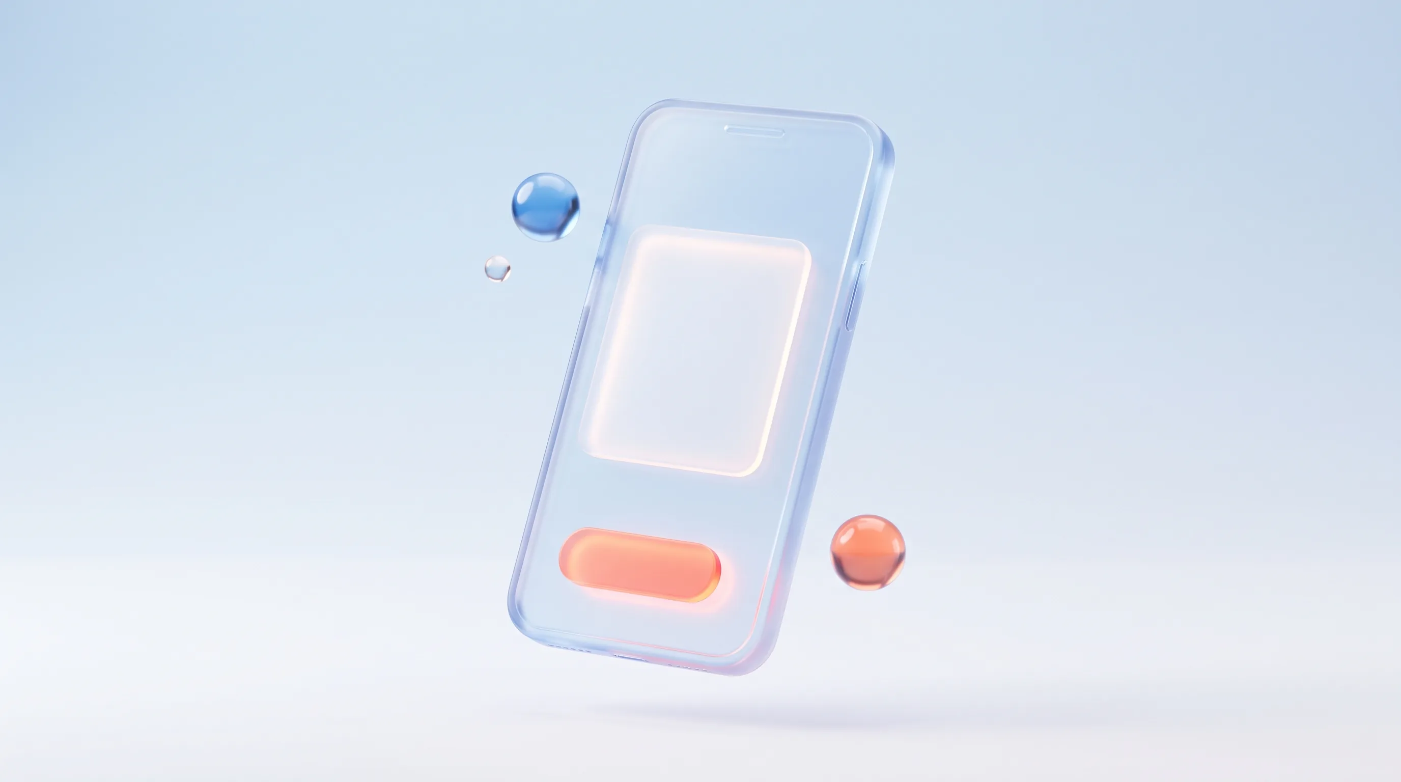 Glass smartphone frame with a glowing content block, representing a mobile-first landing page