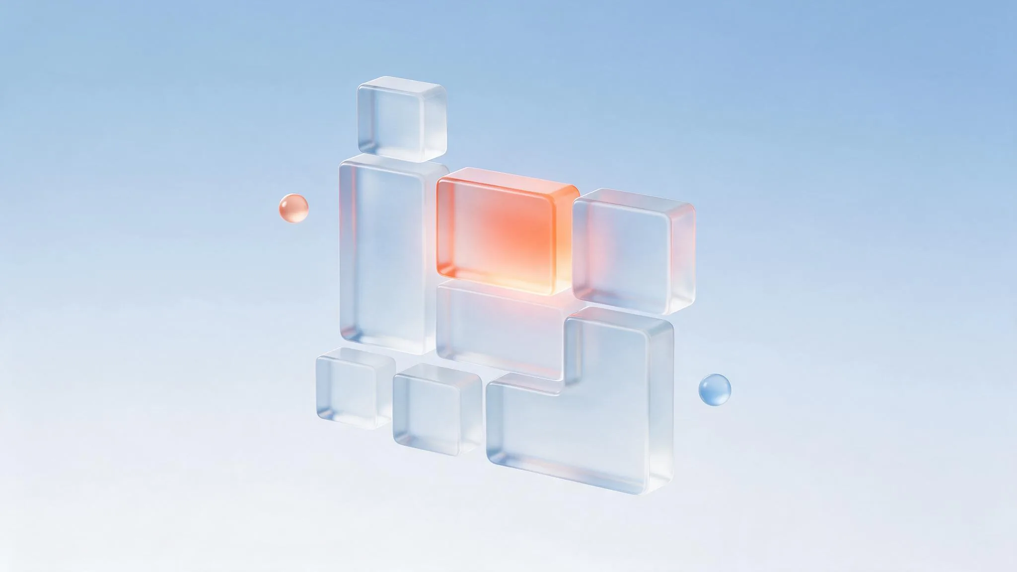 A glass grid of modular blocks with one glowing coral, assembling into a page, representing a modular landing page system