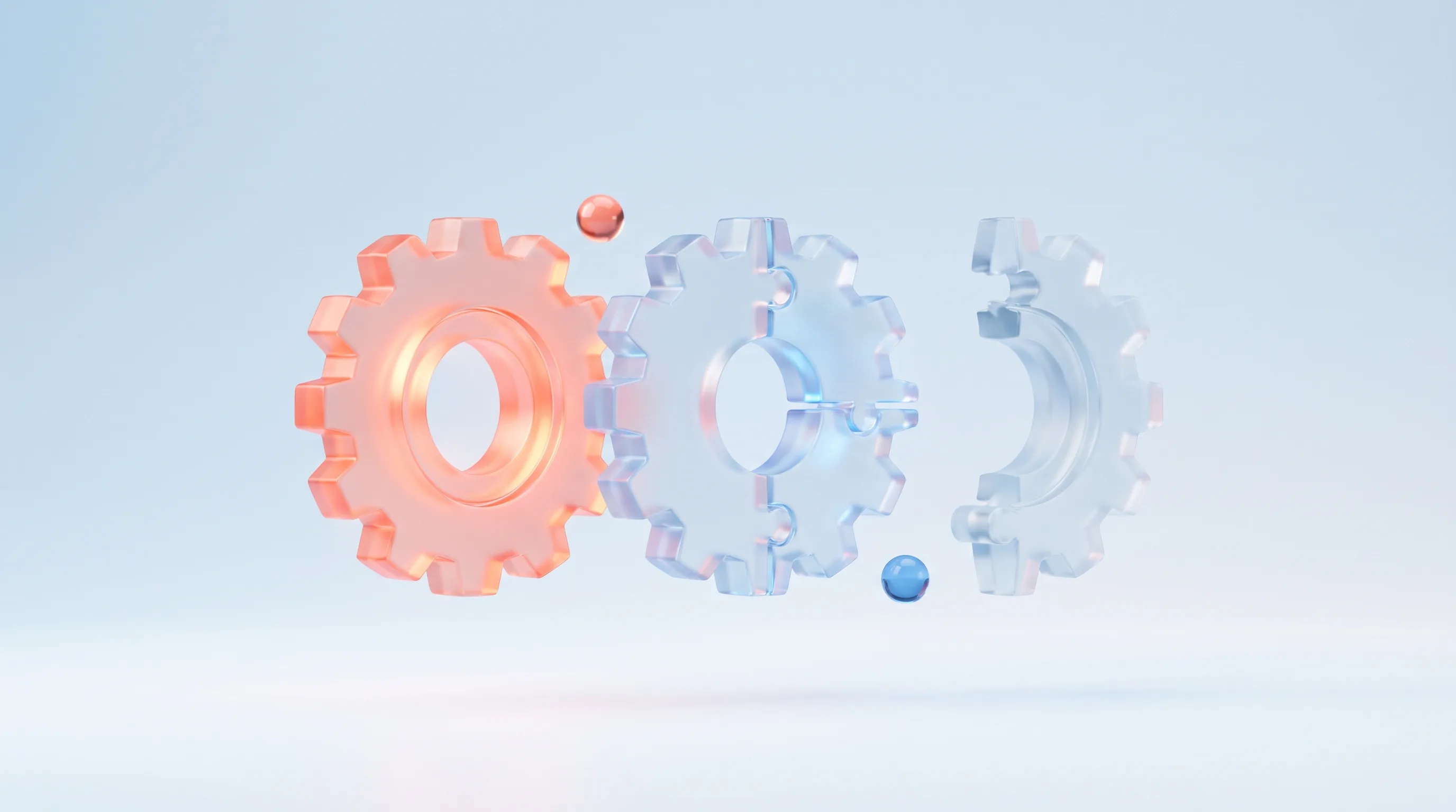 Glass gear system being assembled in order, one glowing gear first, representing a sequenced marketing automation build plan