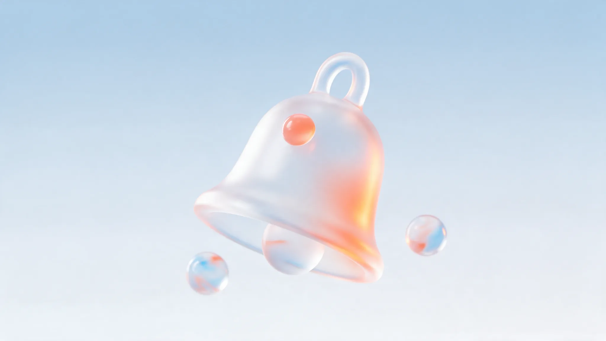 A frosted-glass notification bell with a small coral dot on a pale sky-blue gradient