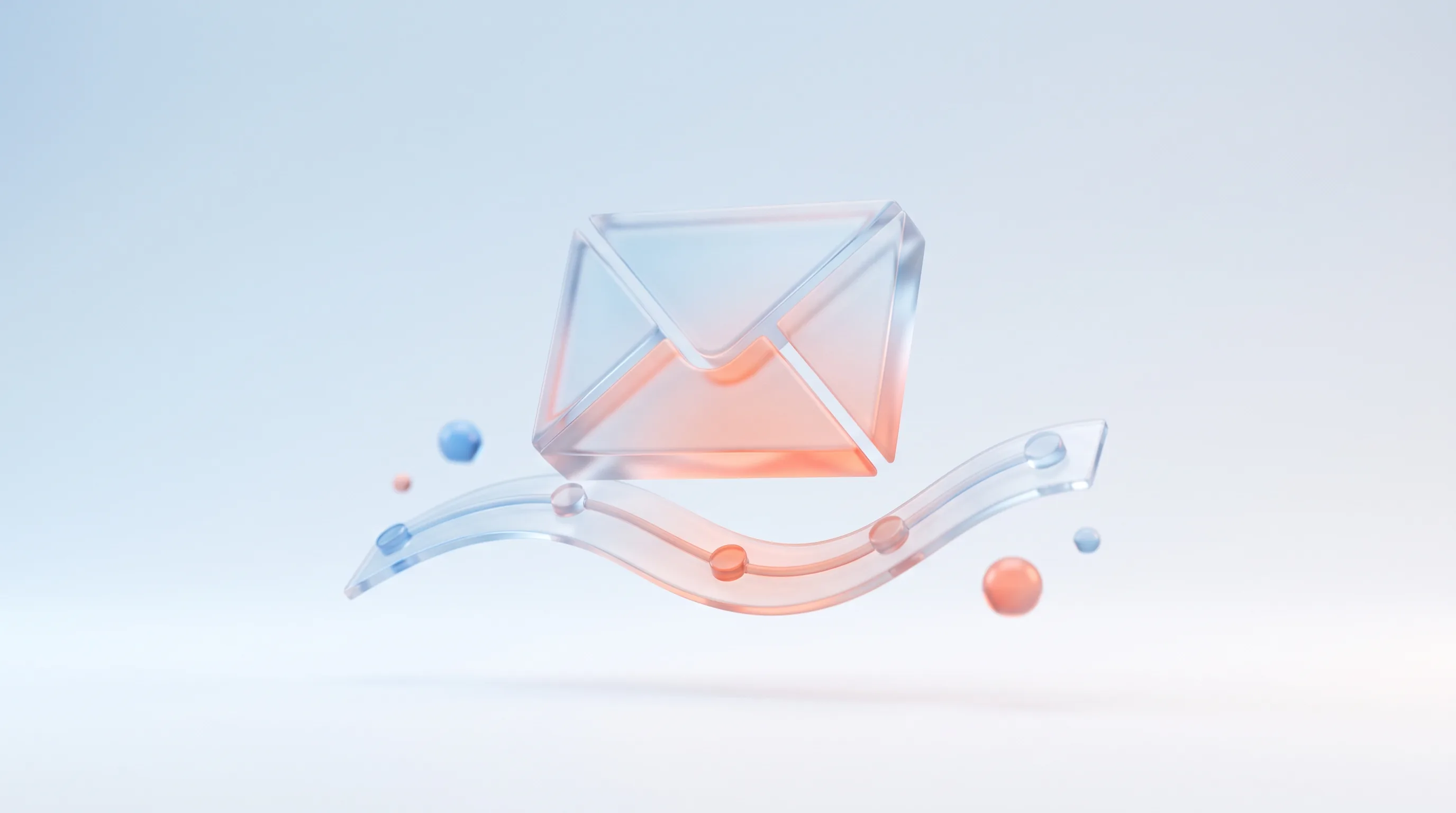 Glass envelope on a gentle glowing timeline of connected nodes, representing a nurture sequence ready to catch new-year leads