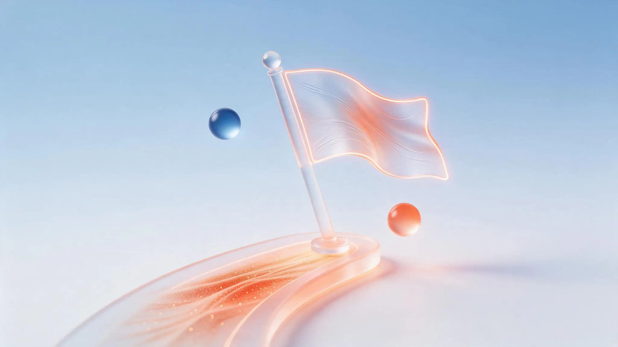A glass flag glyph at the end of a short glowing coral path, representing reaching first value in onboarding