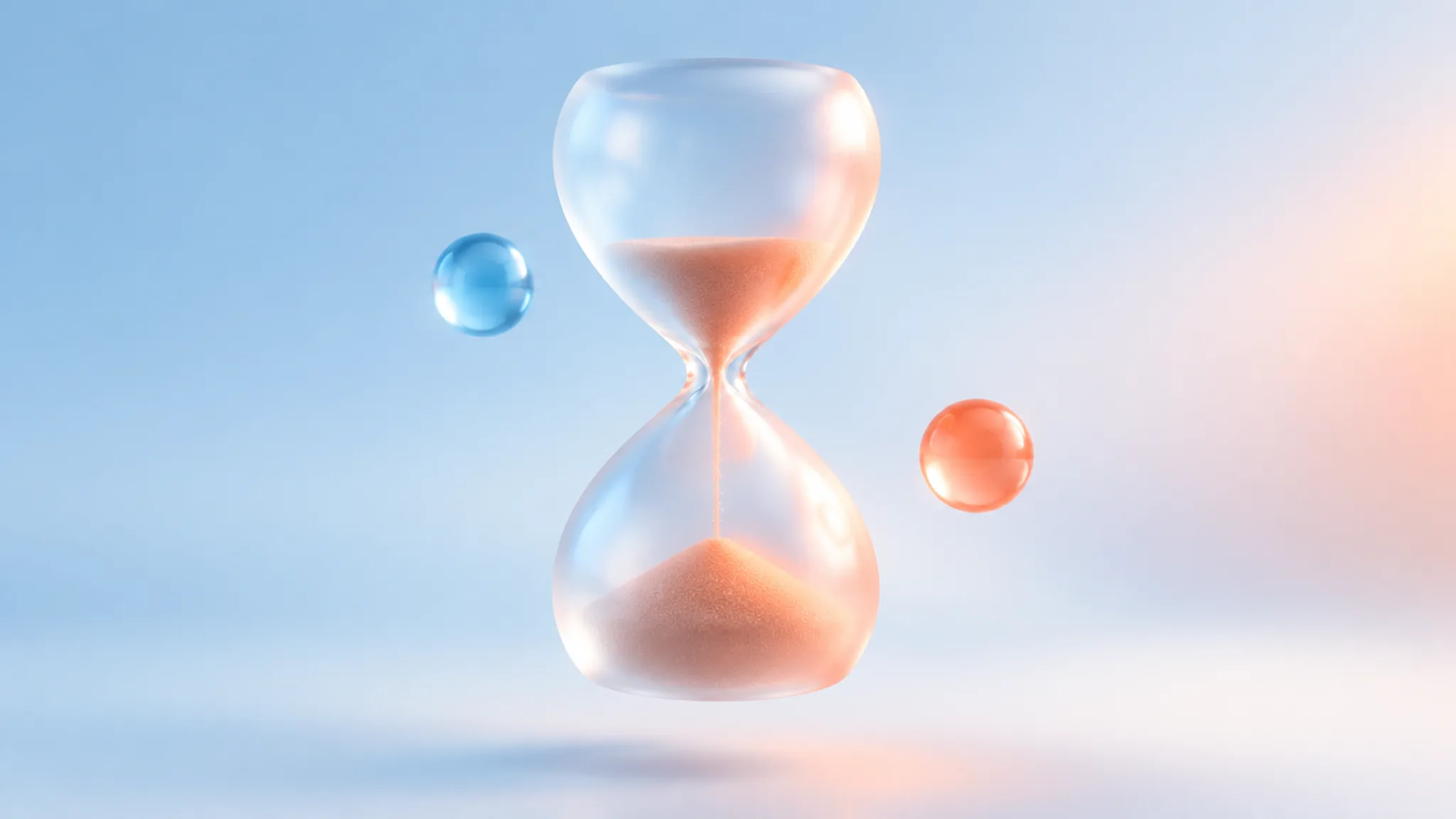 A frosted-glass hourglass glyph on a pale sky-blue gradient with a warm coral glow