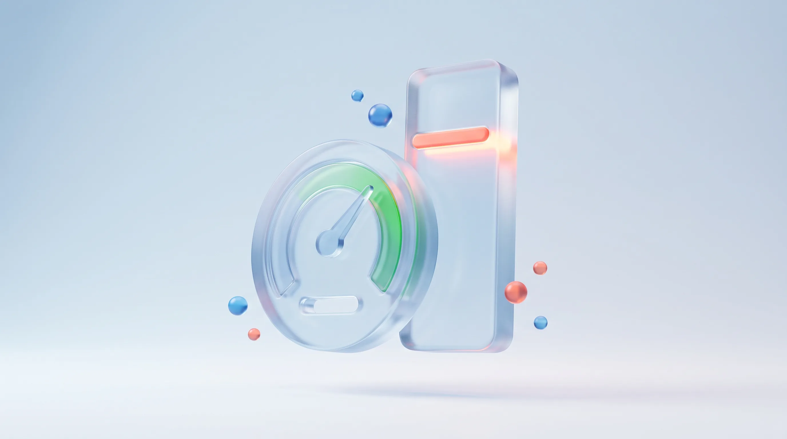 Glass speedometer beside a glass bar gauge with a glowing limit line, representing a performance budget that caps a website page weight