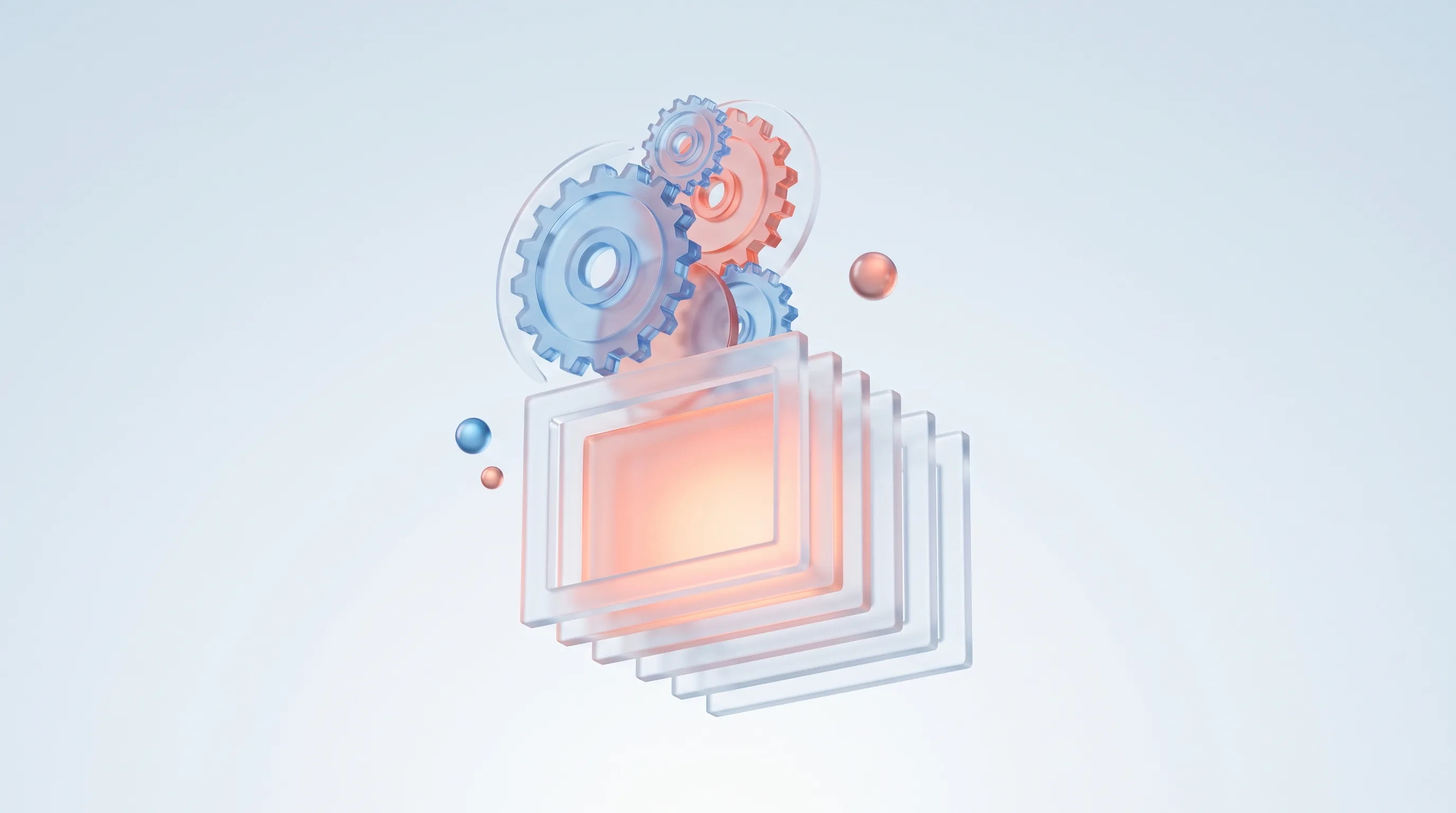Glass gear system feeding a fanned stack of glass ad frames, one glowing, representing a reusable creative system rather than one-off ads