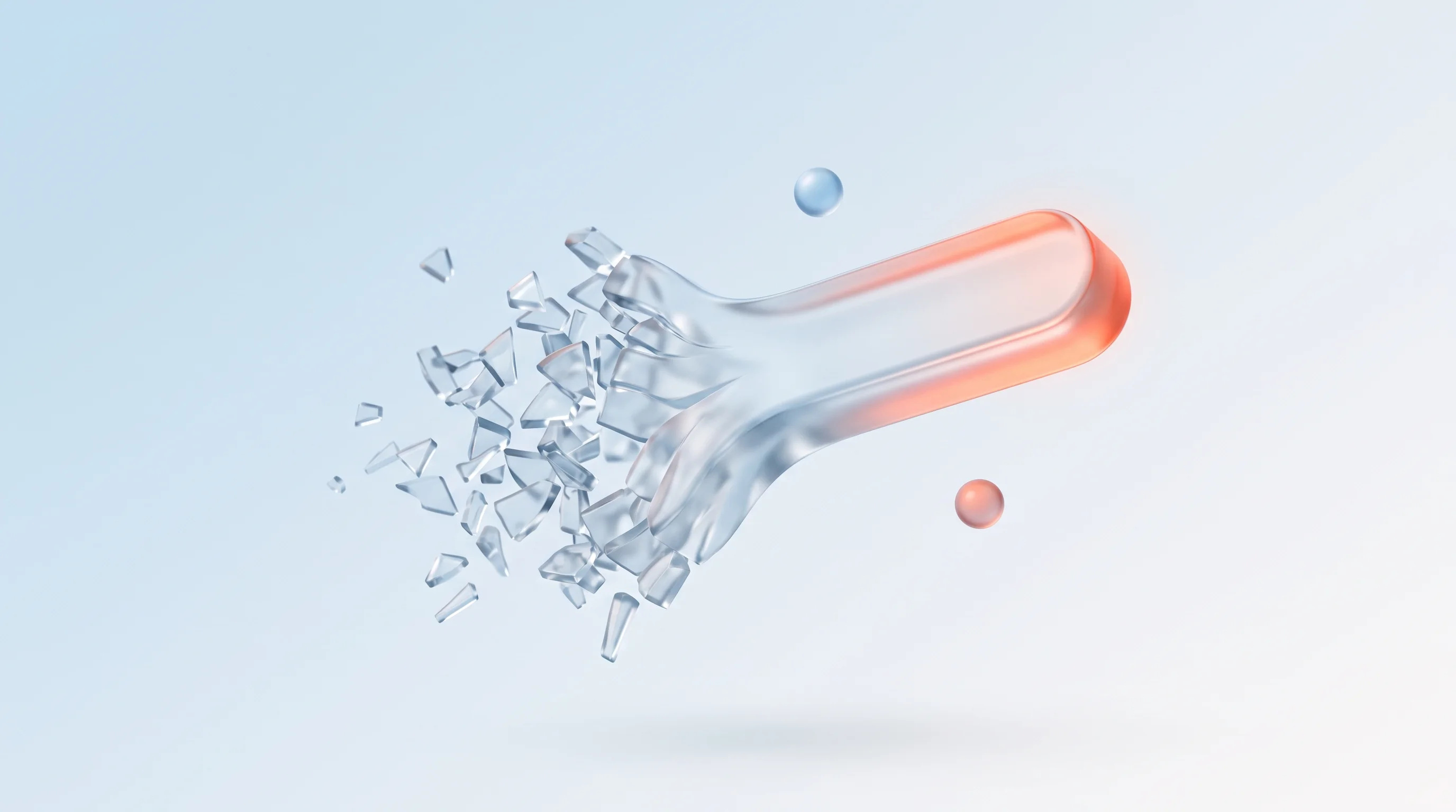 A glass glyph of many scattered fragments converging into one clear bar, representing a single positioning statement