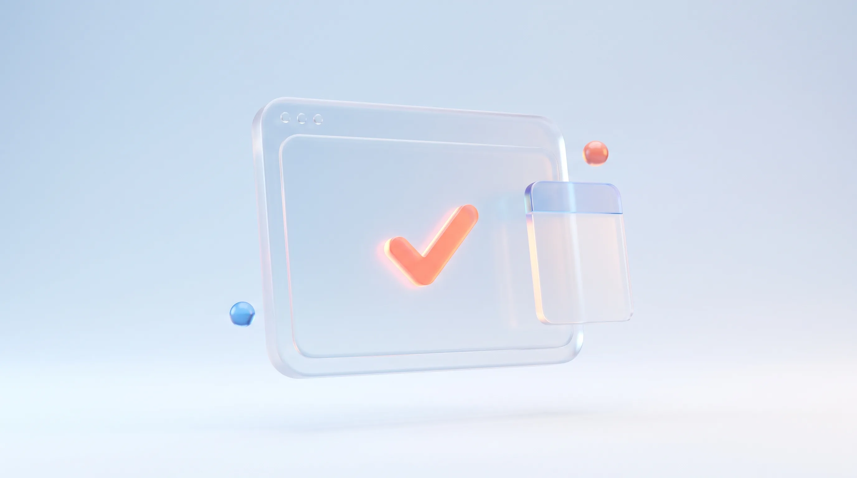 Glass browser frame with a glowing checkmark and a small next-step card appearing, representing the post-click experience